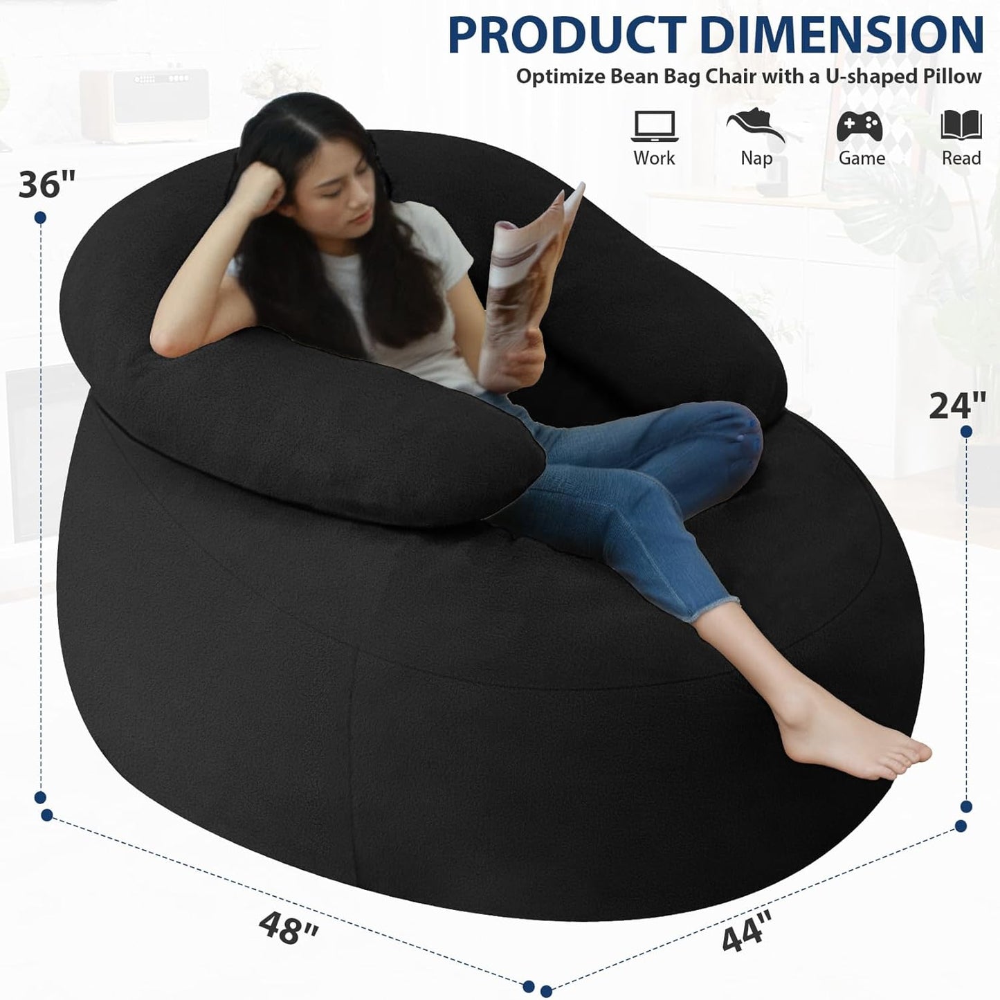 HABUTWAY Bean Bag Chair with U-Shaped Pillow for Adult and Kids Big BeanBag Chair with Filling Ultra Soft Teddy Fleece Couch Chair with Washable Cover for Living Room Bedroom Office, Black & Black