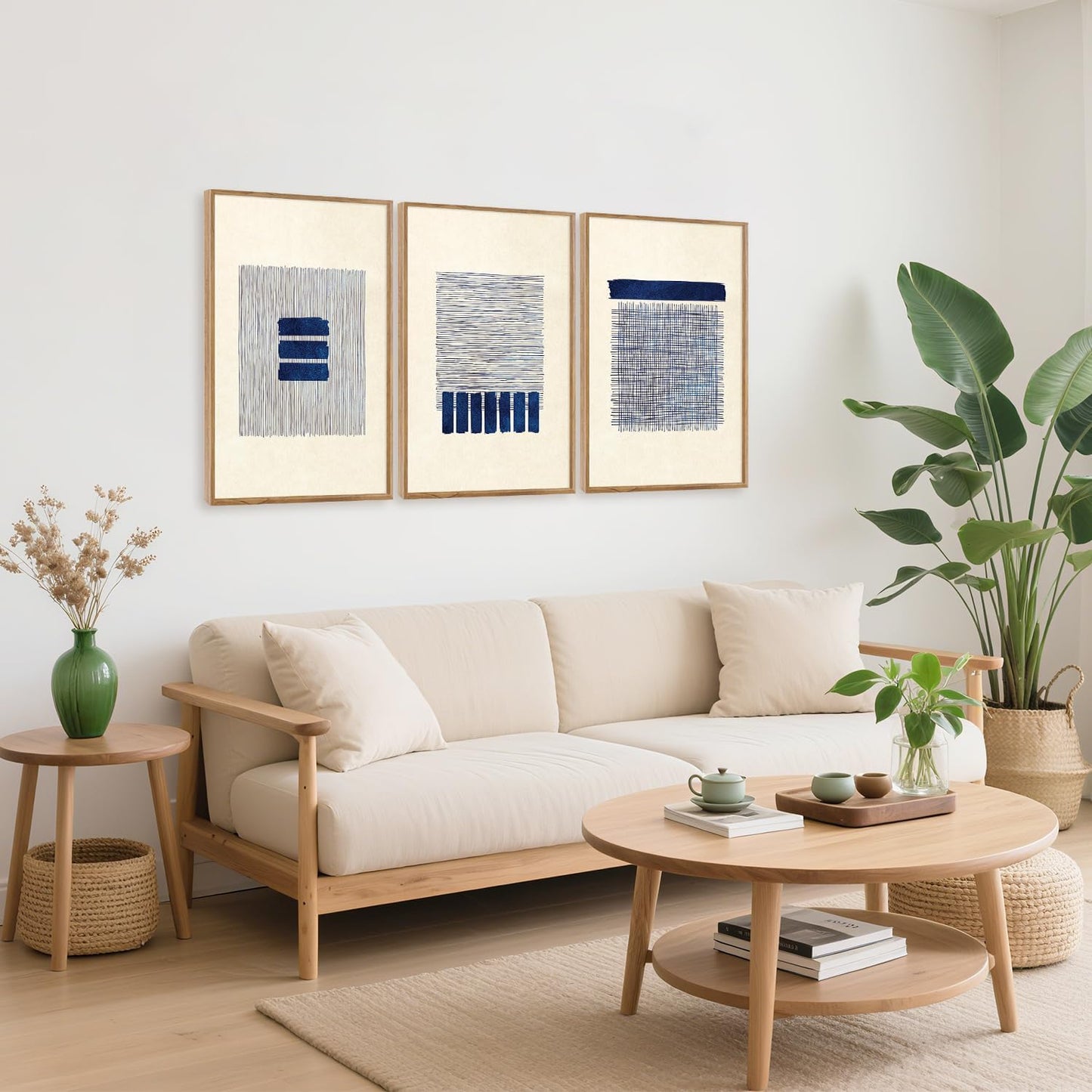 Aurlan Boho Christian Line Art Framed Wall Decor(16"x24"), 3PCS Minimalist Jesus Leavs the 99 Sheep Lamb Bible Story Canvas Artwork, Neutral Abstract Beige Navy Blue Religious Painting for Bedroom Living Room