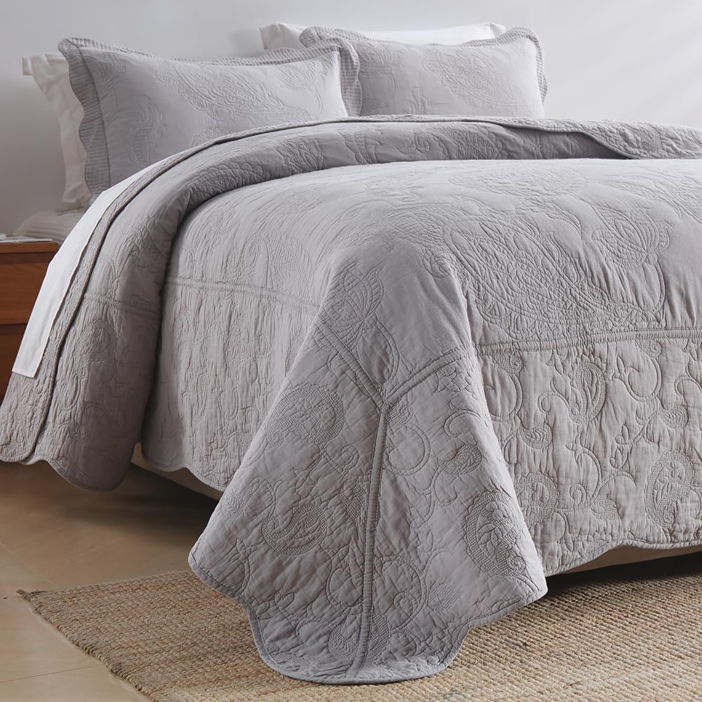 Cotton Bedspread Quilt Sets, Real Patchwork Bedding Sets with Luxury Floral Paisley Pattern, 3 Pieces Reversible Soft Lightweight Coverlet for All Season, Grey, King Size