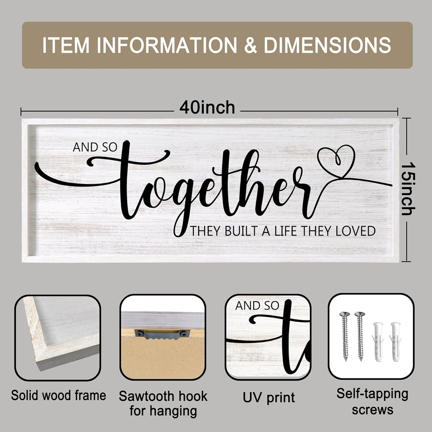 And So Together They Built A Life They Loved Decorative Rustic Sign & Plaque Framed Wall Art for Couples, 40''×15' Wooden Long Wall Decor Above Bed, Vintage Horizontal Farmhouse Wedding Gift