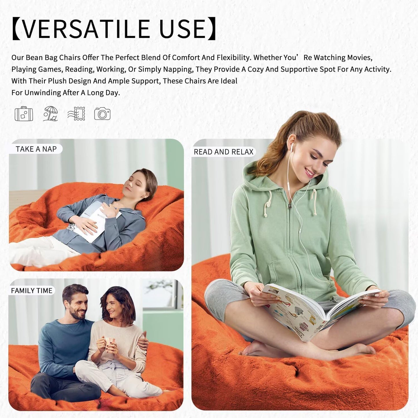 Bean Bag Chair for Adults 4FT,Soft Removable Cover for Teens/Girls Bedroom,Fluffy Giant Round Floor Beanbag Lounger Chairs (No Filler,Orange)