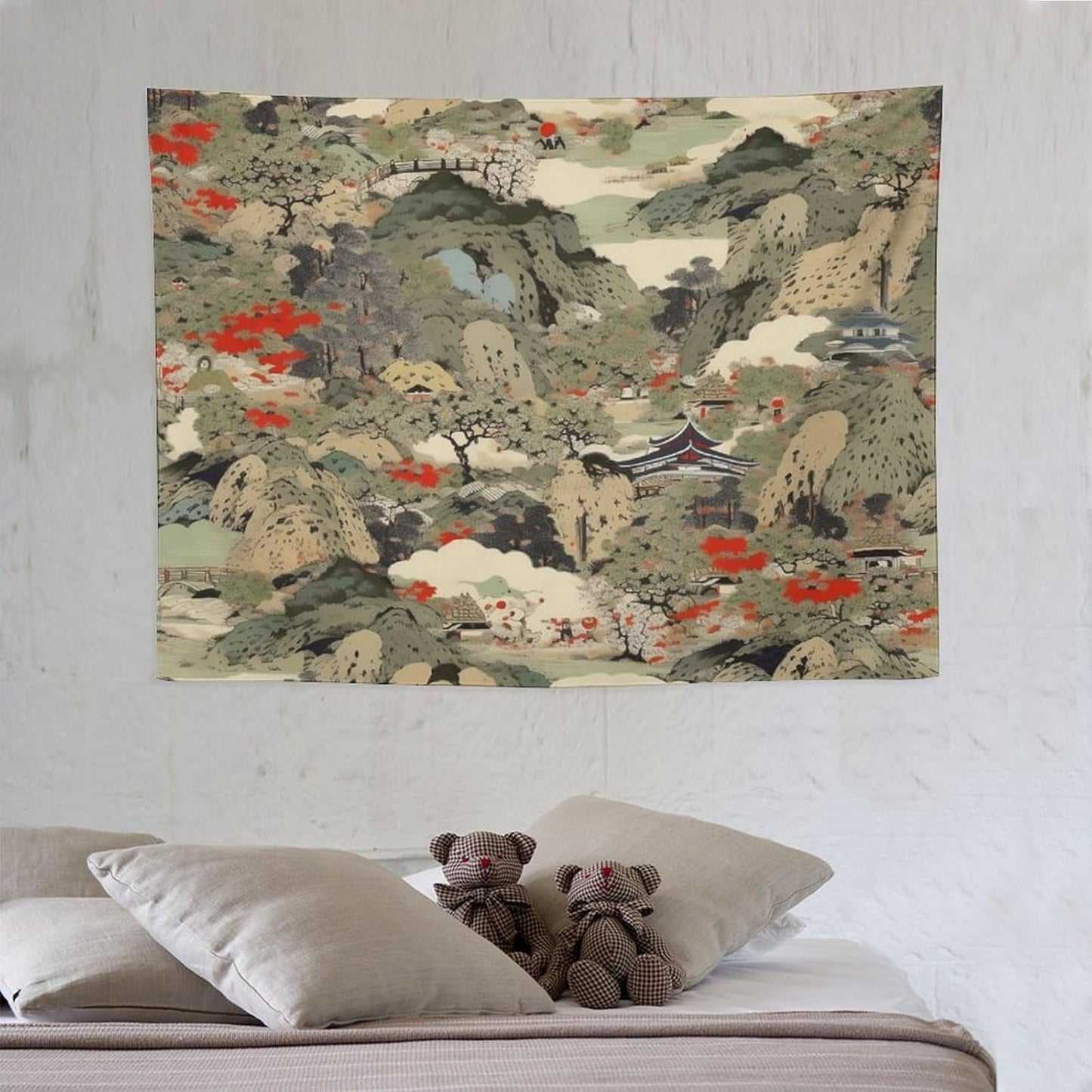 Asian Tapestry, Japanese Red Landscape, Bedroom & Living Room Decor, 40"x30"