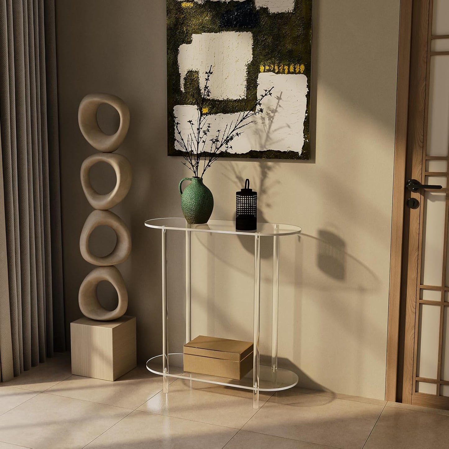 Acrylic Console Table, Oval, 29.5" Small Entryway Table, Clear Entry Table for Sofa, Foyer, Hallway, Living Room, Easy Assembly, 2 Tier, 11.8" D x 31.5" H