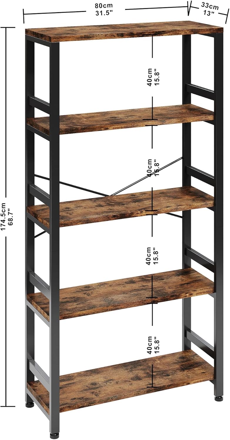 IRONCK Bookshelves and Bookcases, 31.5in Wide Shelf 5-Tier Ladder Shelf 110lbs/shelf Vintage Industrial Style Bookcase for Bedroom Living Room Home, Vintage Brown