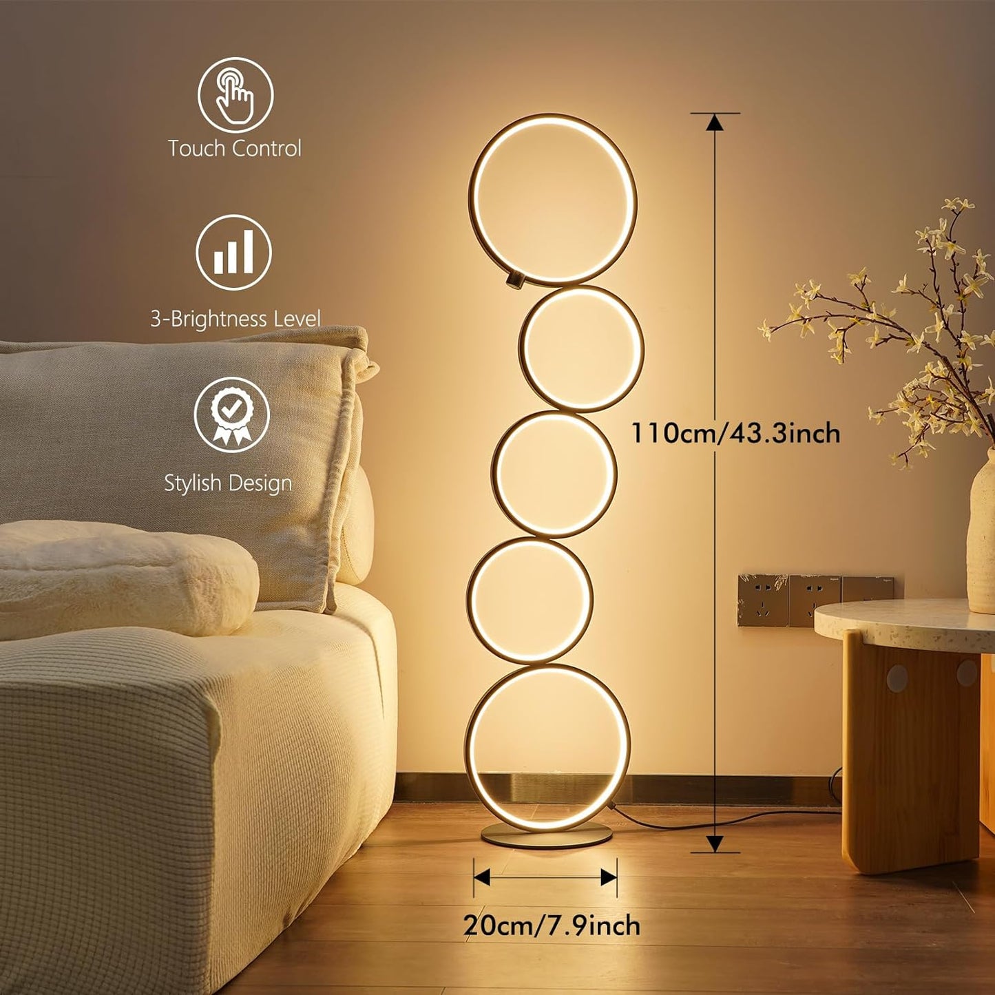 NUÜR 43.3" Modern Floor Lamp, LED Floor Lamp for Living Room, Dimmable, Circle Standing Lamp, Energy-Saving, Unique Lamp for Bedroom, Office, Home