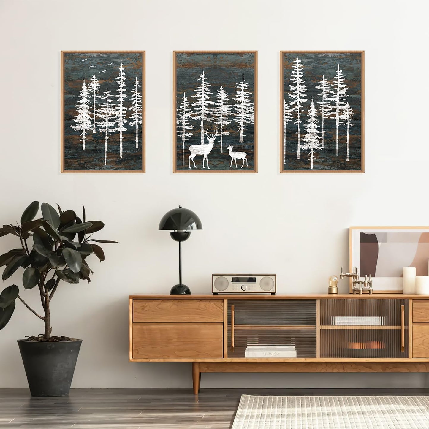 Celestdeco Modern White Forest Framed Canvas Wall Art Set, Minimalist Woodland Art Painting, Retro Tree Landscape Wall Decor, Wildland Deer Artwork for Living Room, Dining Room, Office - 24"x36"x3