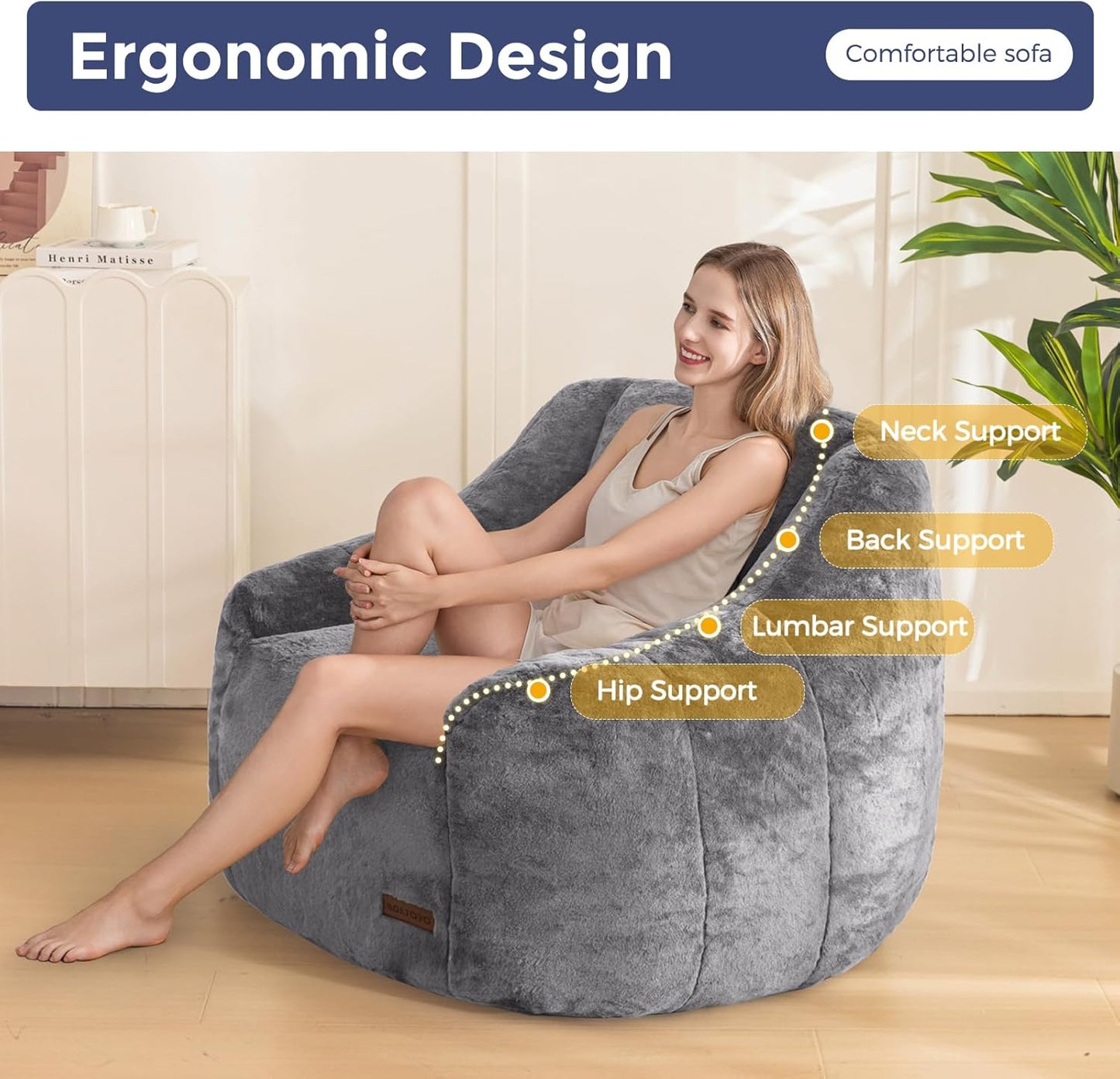 MAXYOYO Bean Bag Chair, Comfy Bean Bag Sofa with Back Support, Faux Fur Bean Bag Chair for Adults and Kids, Stuffed Floor Sofa for Living Room, Bedroom, Apartment, Grey