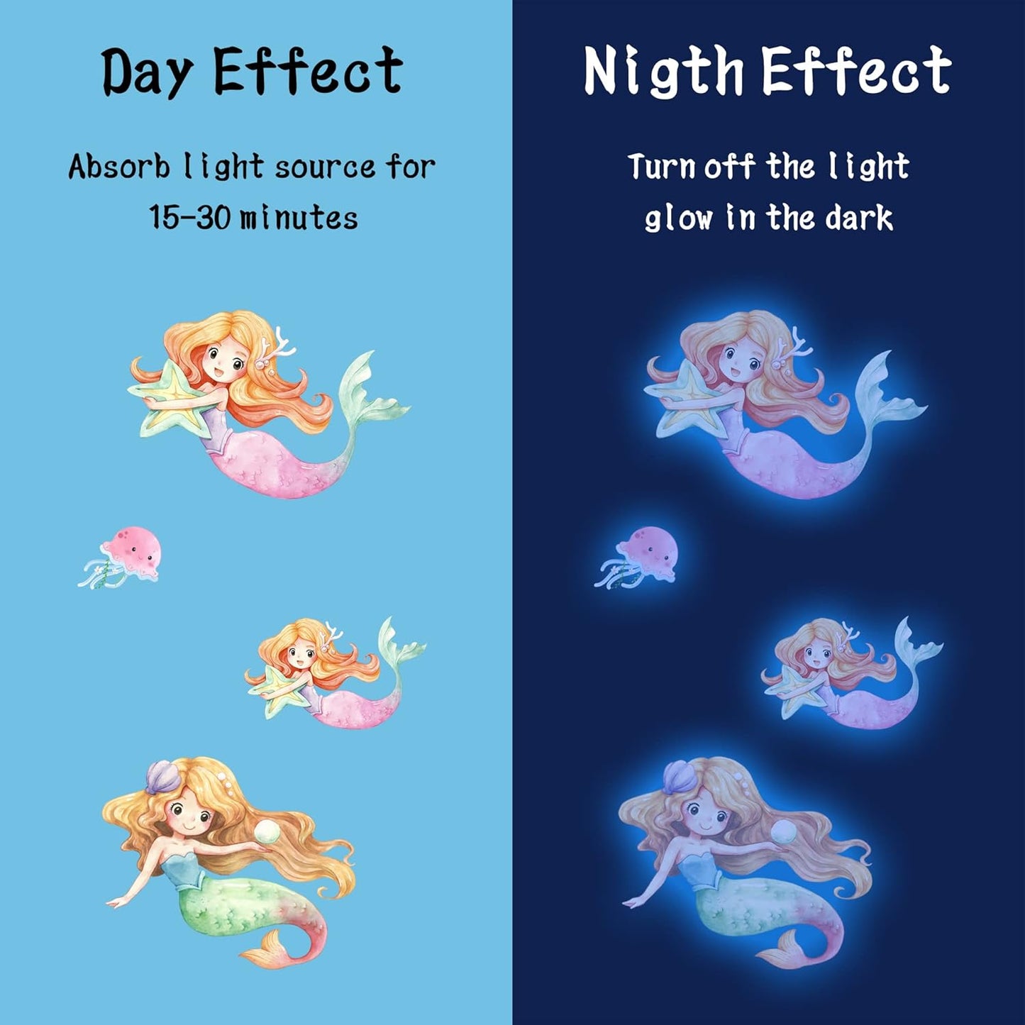 Glow in The Dark Stars Mermaid Wall Decals, Turtle Ocean Fish Stickers for Ceiling, DIY Wall Decor for Nursery Playroom Living Room, Birthday Christmas Gift