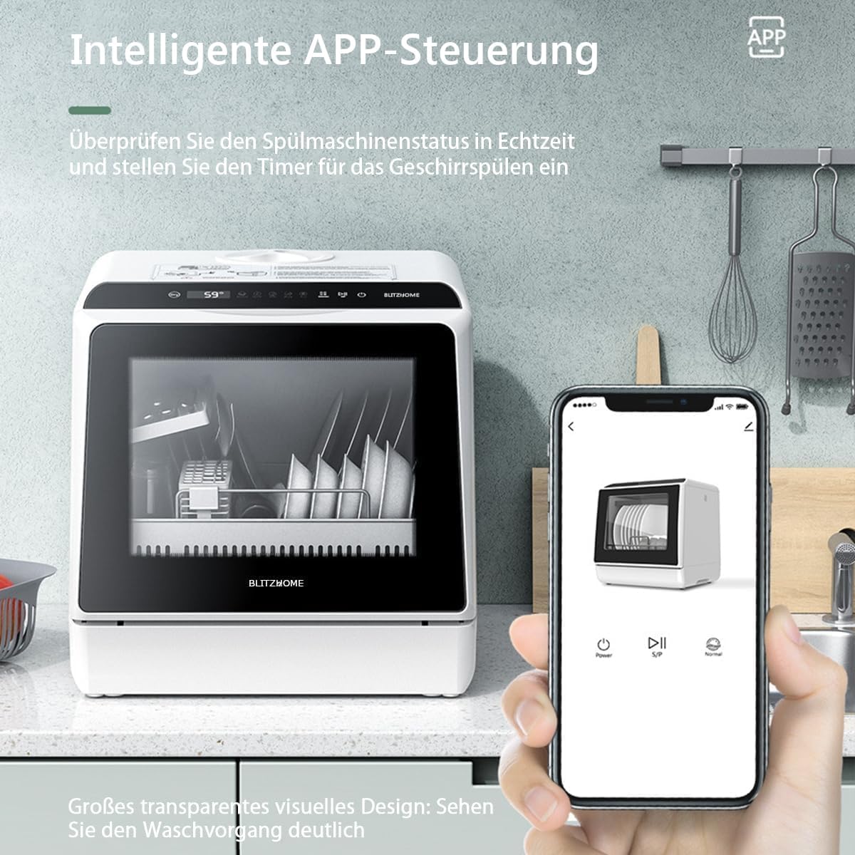 Portable Dishwasher Countertop, WIFI Smart Dishwasher, Compact Mini Dishwashers with 5L Built-in Water Tank, 6 Programs, 360° Dual Spray, High-Temp& Air-Dry Function, Fruit Cleaning