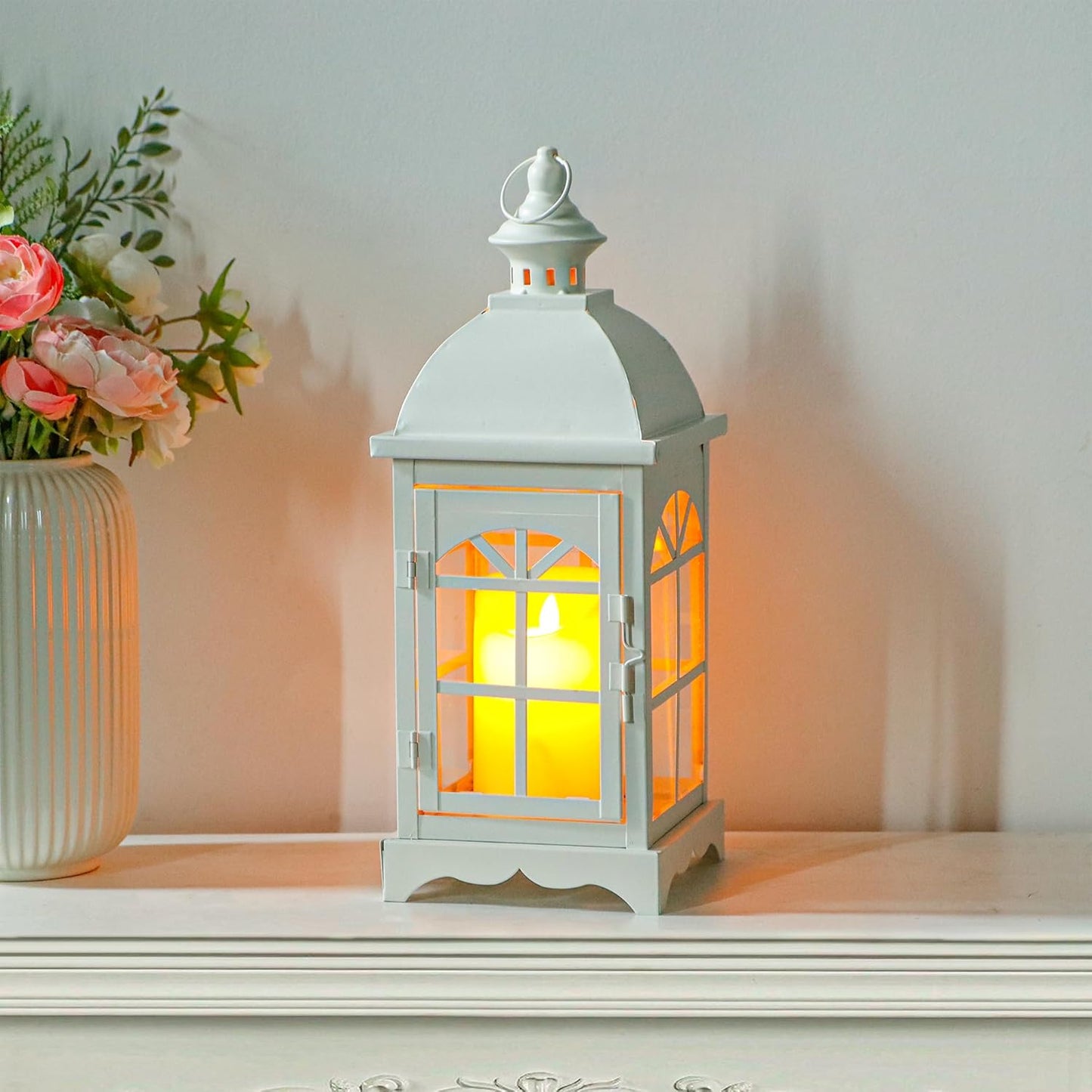 TRIROCKS Decorative Vintage Candle Lanterns 14.5" H Farmhouse Outdoor Hanging Lanterns with Tempered Glass for Porch, Balcony, Patio, Home, Centerpieces, Indoor, Outdoor(White)