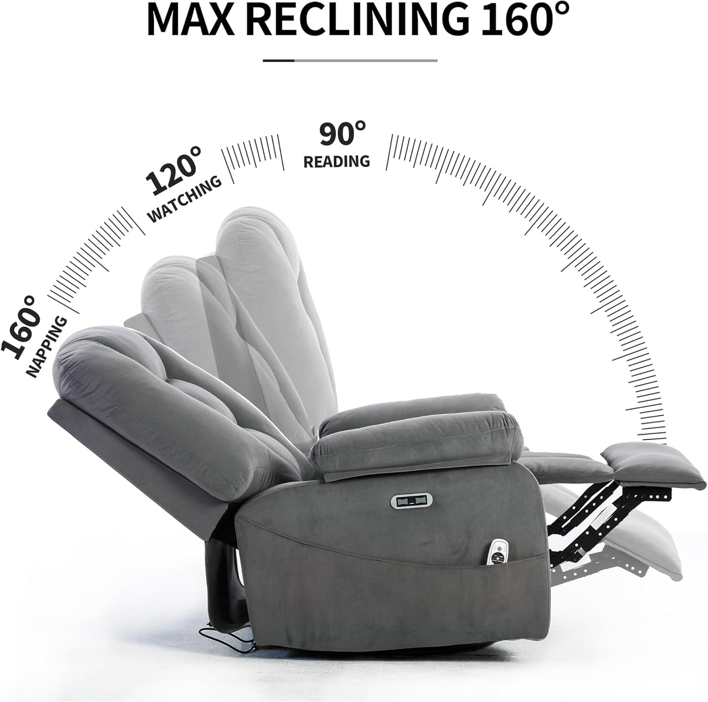 Power Swivel Rocker Recliner Chair for Adults,Rocking Recliners Chairs with Massage and Heat for Living Room, Electric Fabric Reclining Sofa Chair with USB and Type-C Port (Gray)