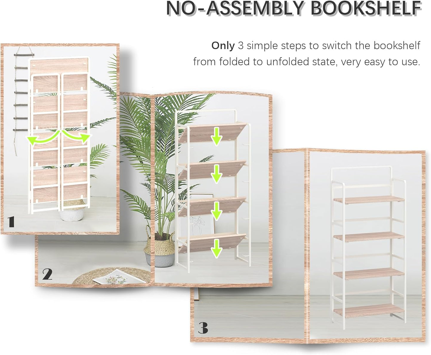 4NM No Assembly Foldable Bookshelf, 4-Shelf Collapsible Bookcase Storage for Small Spaces, 54" H, Natural White
