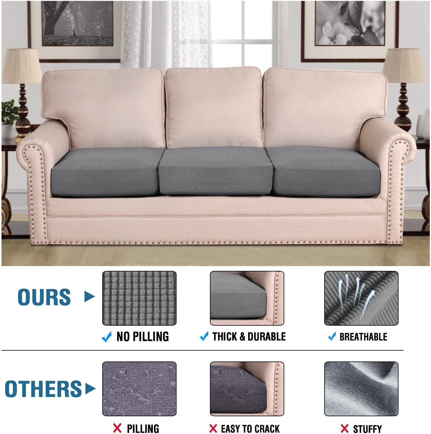 H.VERSAILTEX Super Stretch Individual Seat Cushion Covers, Thick Jacquard Textured Twill Fabric (3 Piece XL Sofa Cushion Covers, Grey)