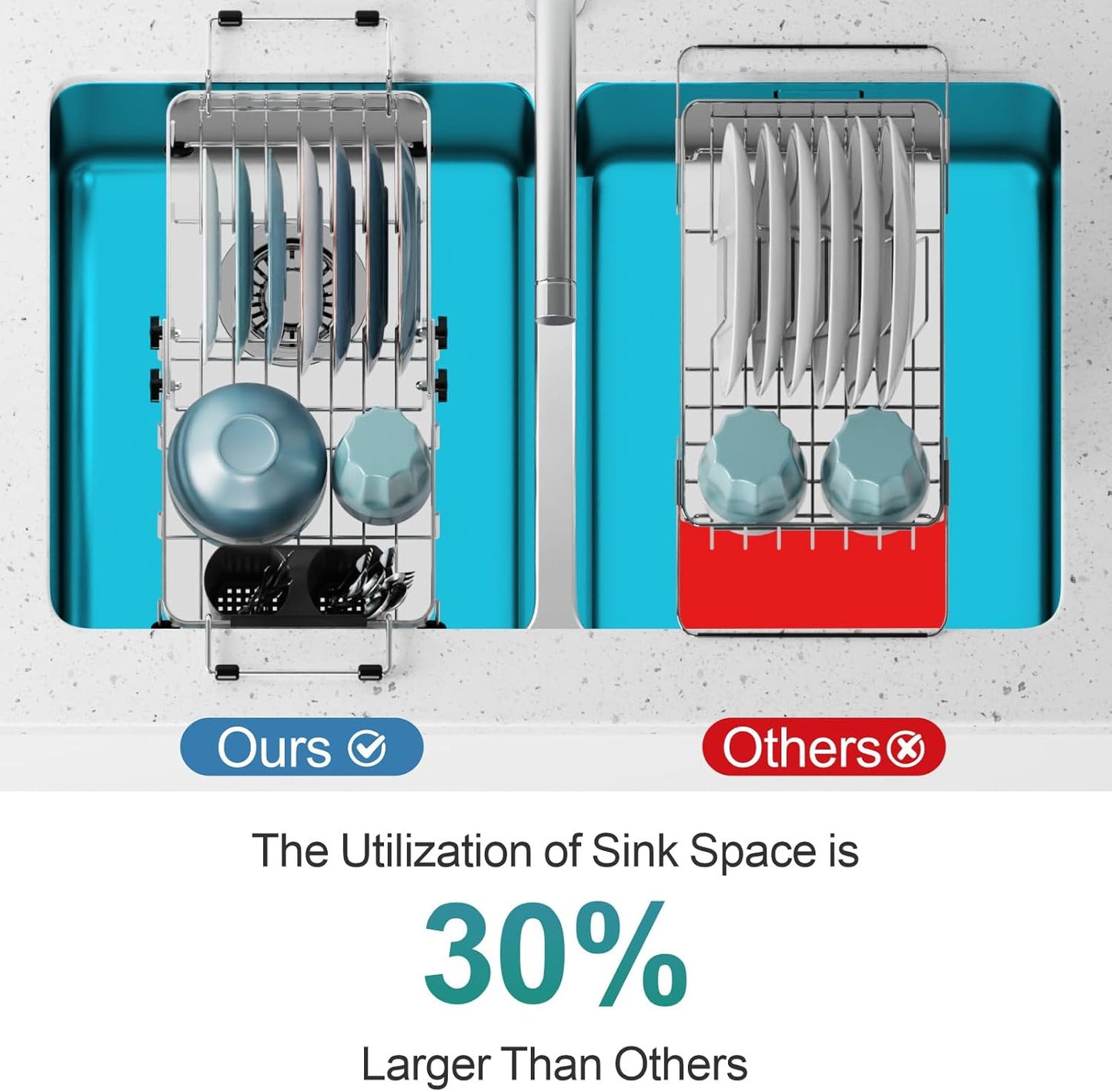 GSlife Expandable in Sink Small Dish Drying Rack - Stainless Steel Capacity Adjustable Over The Sink Dish Rack with Utensil Holder, 11.9“-16.7” L x 9" W x 5.7" H, Silver