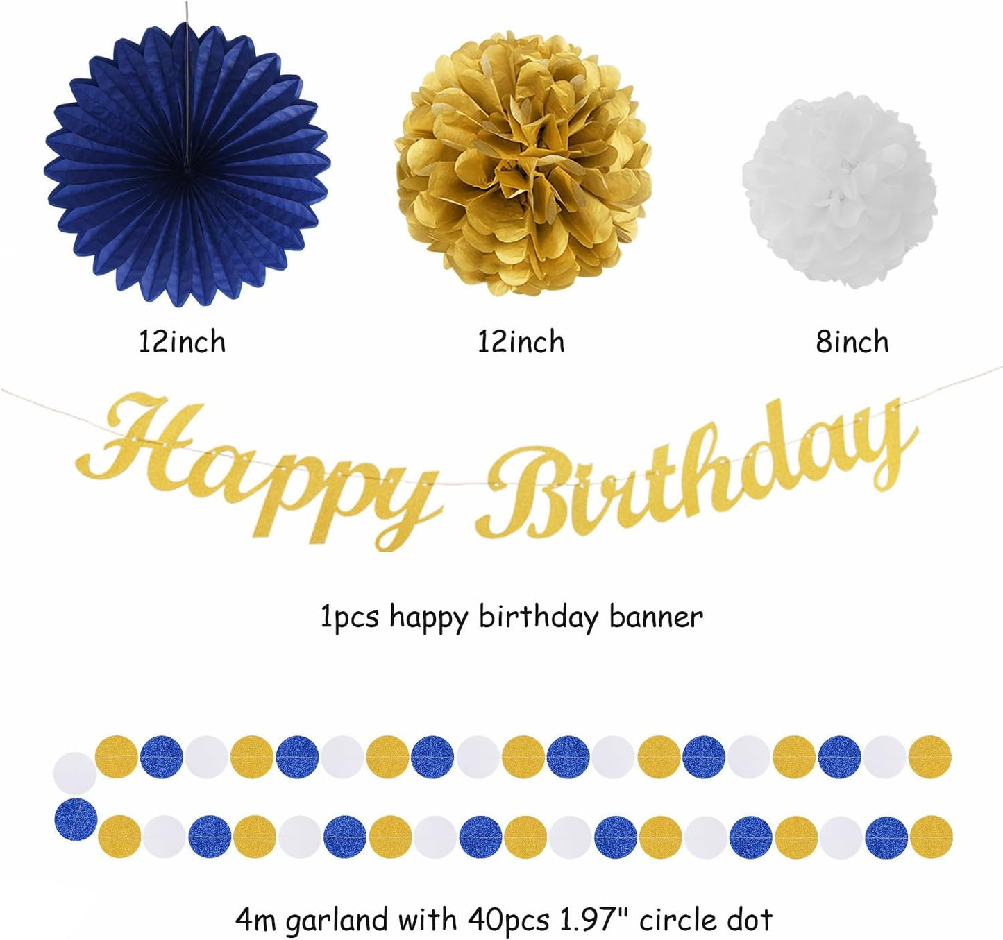 Navy-Blue Gold Birthday Party-Decorations Paper-Flowers - 14pcs Happy Banner Royal Lanterns Tissue Pom Poms,Men Streamers Garland Fans Honeycomb,Teen Boys Male Kids Hanging Supplies Decor Hugfond