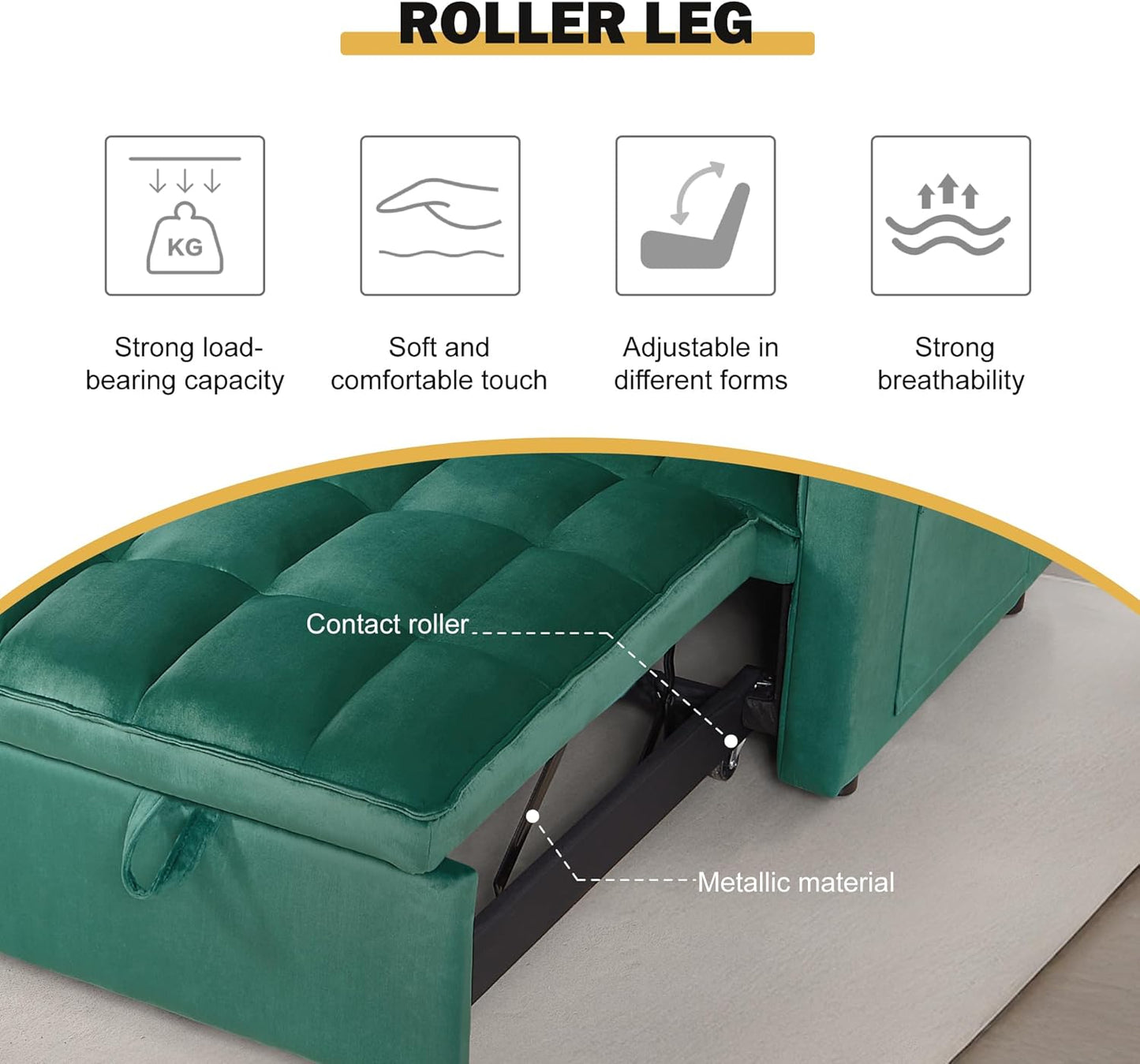 3 in 1 Sleeper Sofa Bed, Futon Sofa Bed for Living Room with Side Pocket, Green Sleepers Sofas Couch with Pullout Beds, Convertible Love Seat Sleepers Couch for Living Room, Bedroom