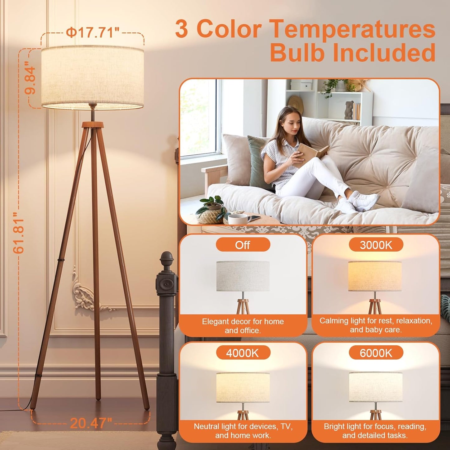 LiteHistory Wood Tripod Floor Lamps for Living Room, Bedroom, and Office,Standing lamp with Beige Linen Shade, 12W Three-Color Bulb Included, Pull Chain Switch, Tall lamp for Mothers Day Gifts, Brown