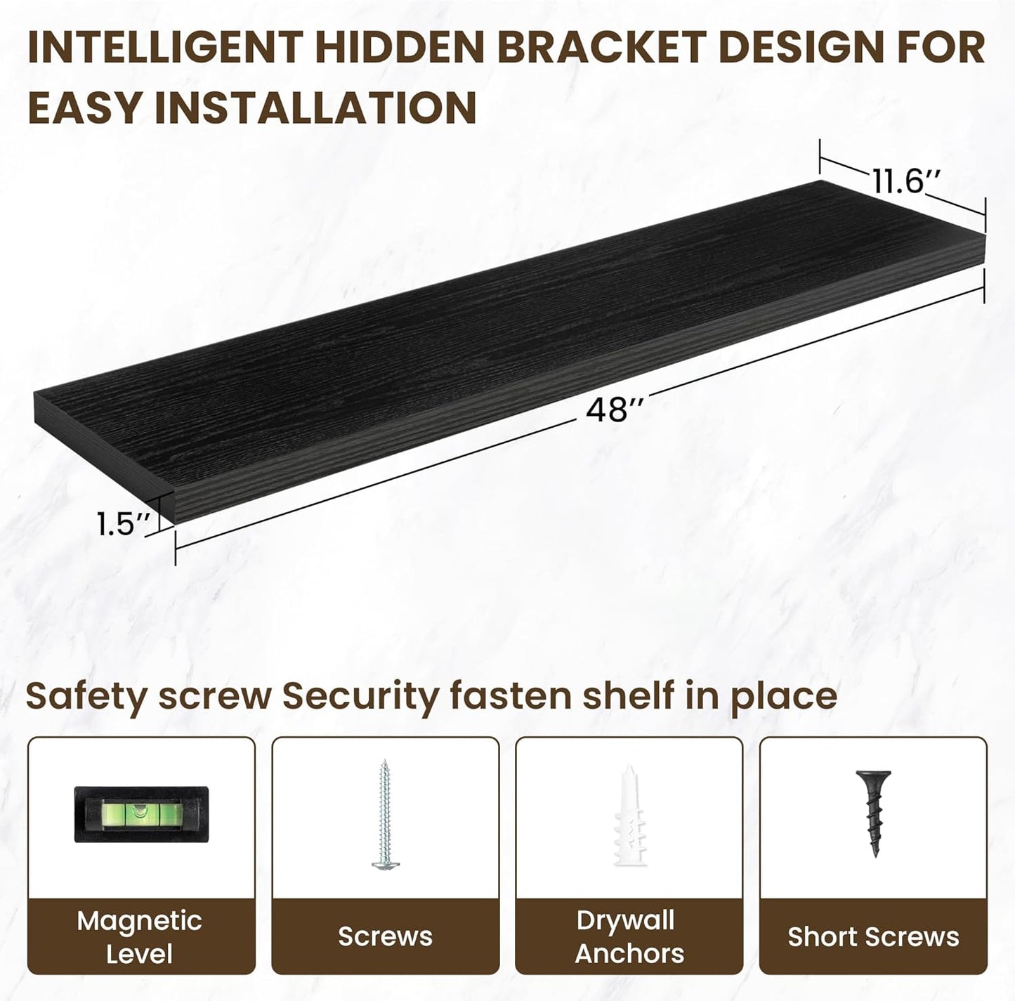 48 Inch Floating Shelves, 12 Inch Deep Floating Shelves for Wall, Floating Shelf with Invisible Brackets, Deep Shelves for Bathroom, Bedroom, Living Room, 1 Pack, Black