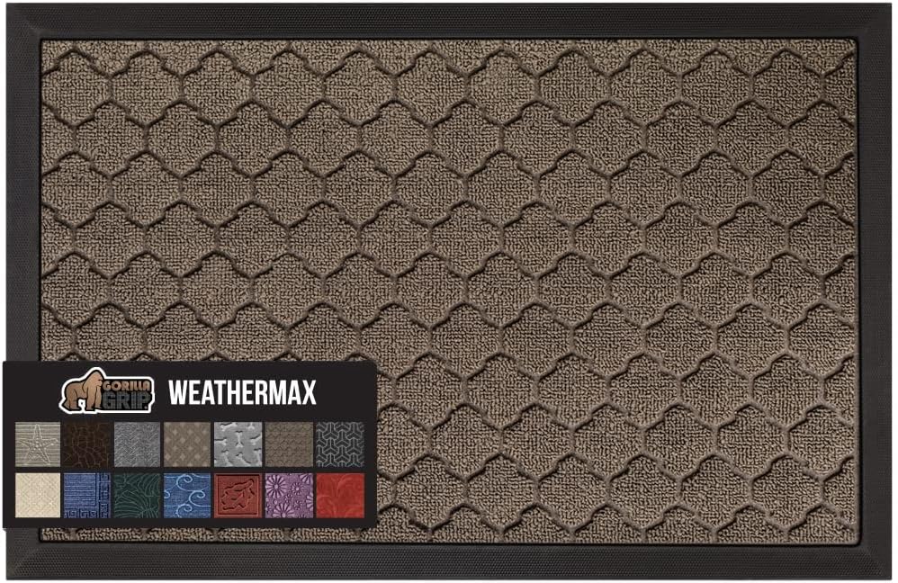 GORILLA GRIP 100% Waterproof All-Season WeatherMax Doormat US Designed Natural Rubber, Stain and Fade Resistant, Low Profile Indoor Outdoor Door Mats, Easy Clean Patio Mat, 17x29, Latte Quatrefoil