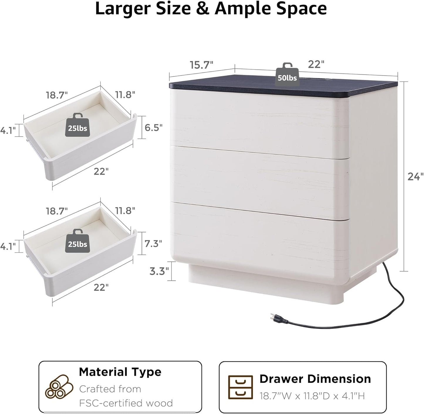 JXQTLINGMU 22" Modern Nightstand with Charging Station, Large Push-to-Open End Table, Wood Bedside Table w/Curved Profile Design, Handleless 3 Drawer Night Stand for Bedroom, Living Room, Off White