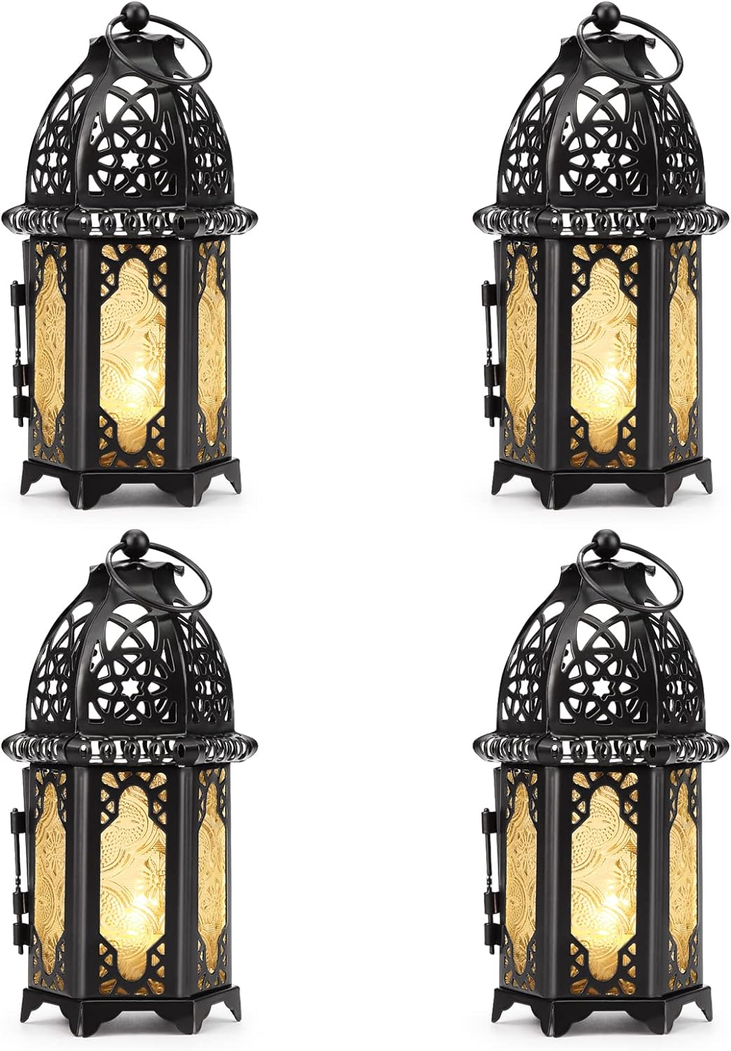 Metal Candle Holder 4PCS Transparent Glass Moroccan Style Hanging Lanterns Creative Wedding Home Tabletop Decoration Birdcage, Black