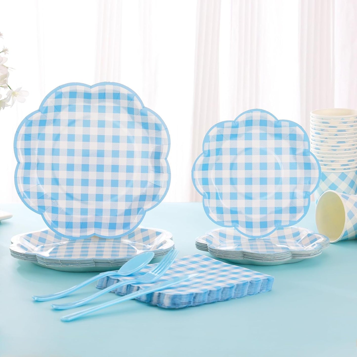 175 Pcs Blue Gingham Plates and Napkins Party Supplies - Blue and White Checkered Plates Sets Serve 25 Guests - Scalloped Gingham Paper Plate for Birthday Dinner Wedding Baby Shower Party Decorations