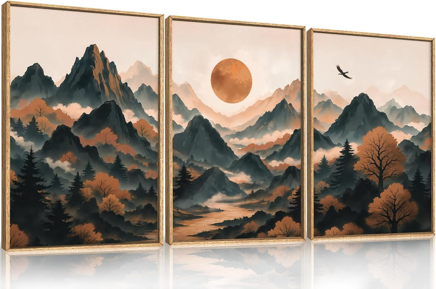 Celestdeco Large Boho Mountain Framed Canvas Wall Art Set, Brown Ridge Landscape Wall Decor, Pine Tree Scenery Wall Painting, Abstract Wilderness Art Print for Living Room, Bedroom, Office - 24"X36"X3