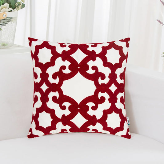 HWY 50 Red Decorative Throw Pillow Covers 18x18 Inch (1 Piece), Embroidered Cotton Farmhouse Cushion Cover Pillow Case for Sofa Couch Living Room Bed, Geometric