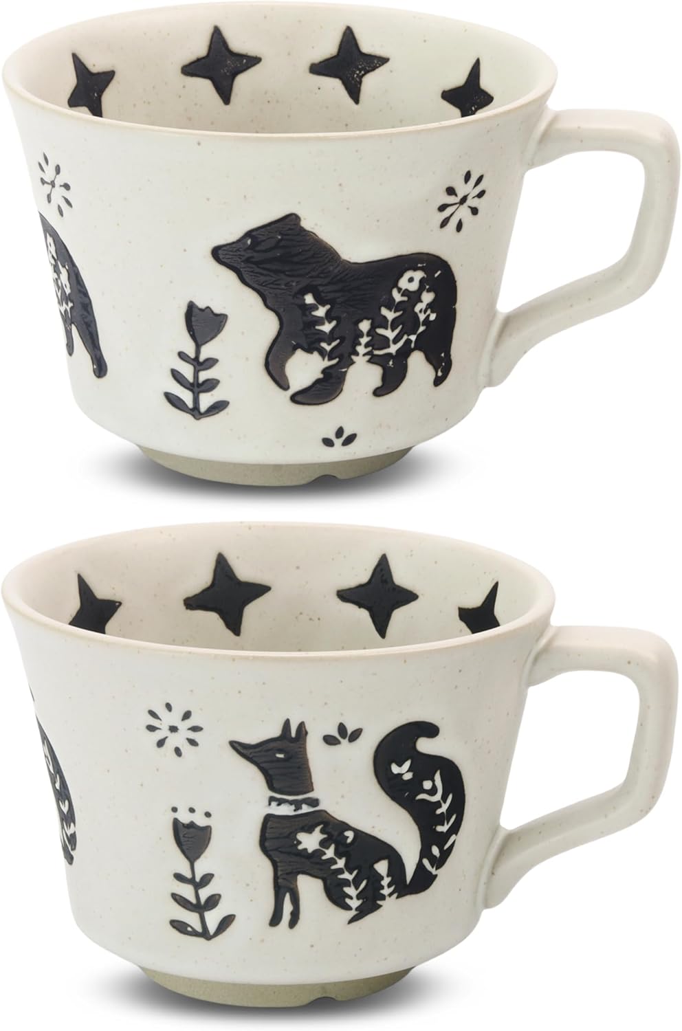 Ceramic Coffee Mug, 12 oz Novelty Unique Teacup with Large Handle, Stoneware Cup for Tea Mocha Latte Cappuccino Espresso (Set of 2, Fox and Bear)