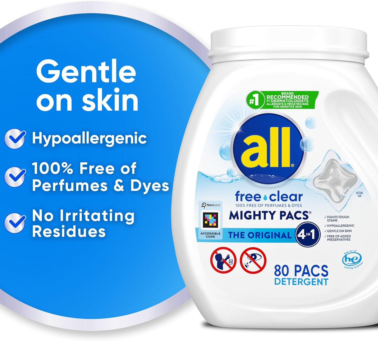 all Free Clear Mighty Pacs Laundry Detergent, for Sensitive Skin, Unscented and Dye Free, 80 Count