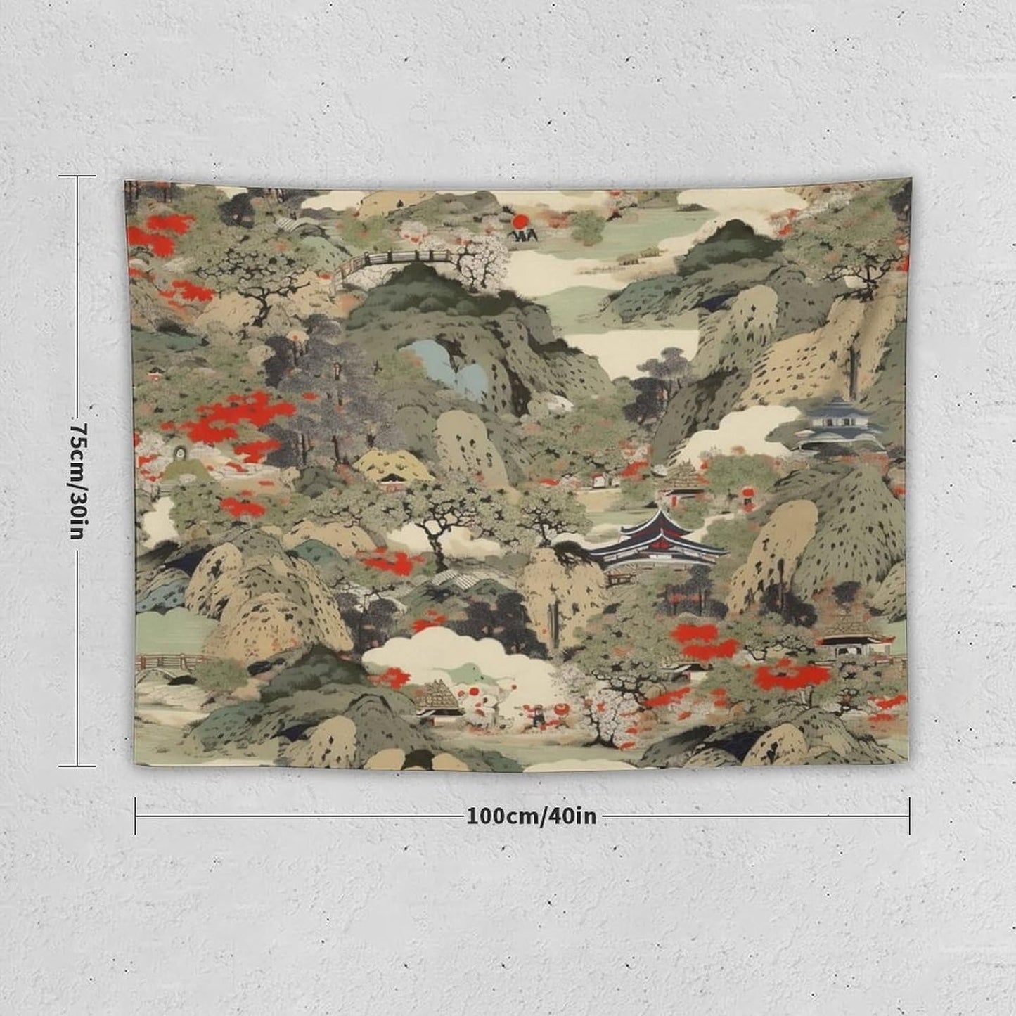 Asian Tapestry, Japanese Red Landscape, Bedroom & Living Room Decor, 40"x30"