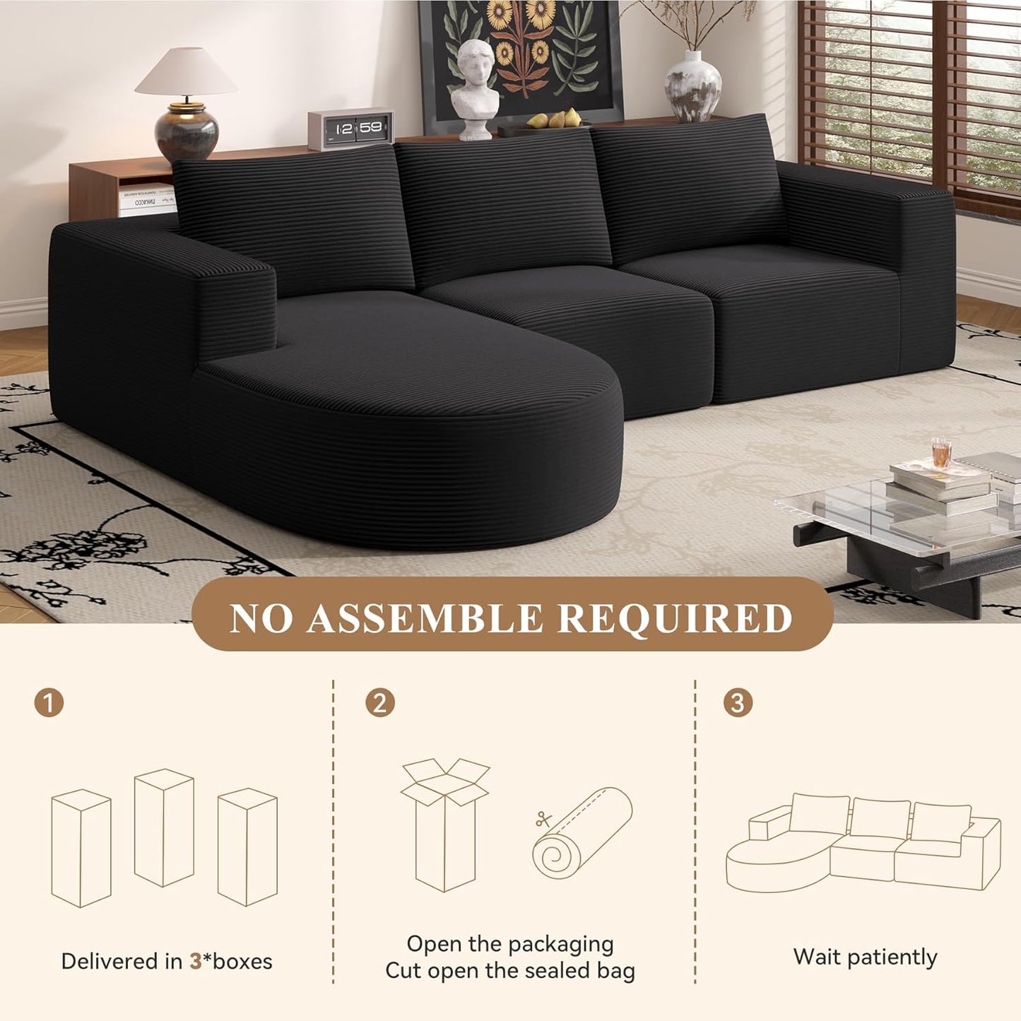 Modular Sectional Sofa with L-Shape Chaise,Cloud Sectional Modern Sleeper Couch with Deep Seat,Sponge Compression Sofas No Assembly Required (Black-Corduroy Fabric) 1pcs