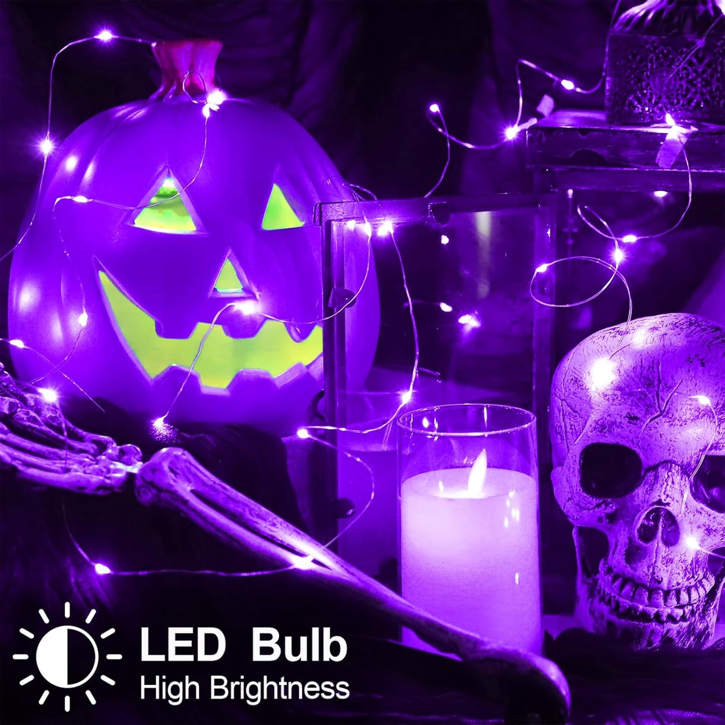 Halloween Christmas Decorations Purple Fairy String Lights Indoor, Battery Operated with Timer, 2Pack Total 33FT 100 Led Mini Battery Powered Twinkle Mason Jar Waterproof Firefly Lights DIY Party