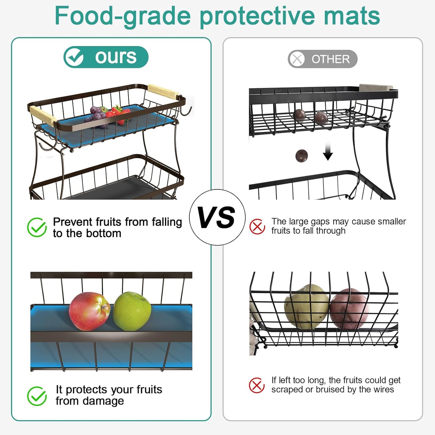 3 Tier Fruit Basket for Kitchen Counter with 2 Mobile Banana Hangers, 2025 Pro Detachable Metal Fruit Bowl with Wooden Handle, Fruit Holder for Bread Snack Veggies, Brown