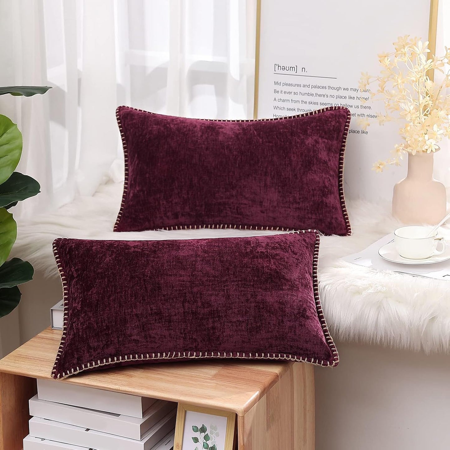 decorUhome Chenille Soft Throw Pillow Covers 12x20 Set of 2, Lumbar Velvet Farmhouse Neutral Decorative Euro Pillow Covers with Stitched Edge for Couch Sofa Bed Home Decor, Rhododendron
