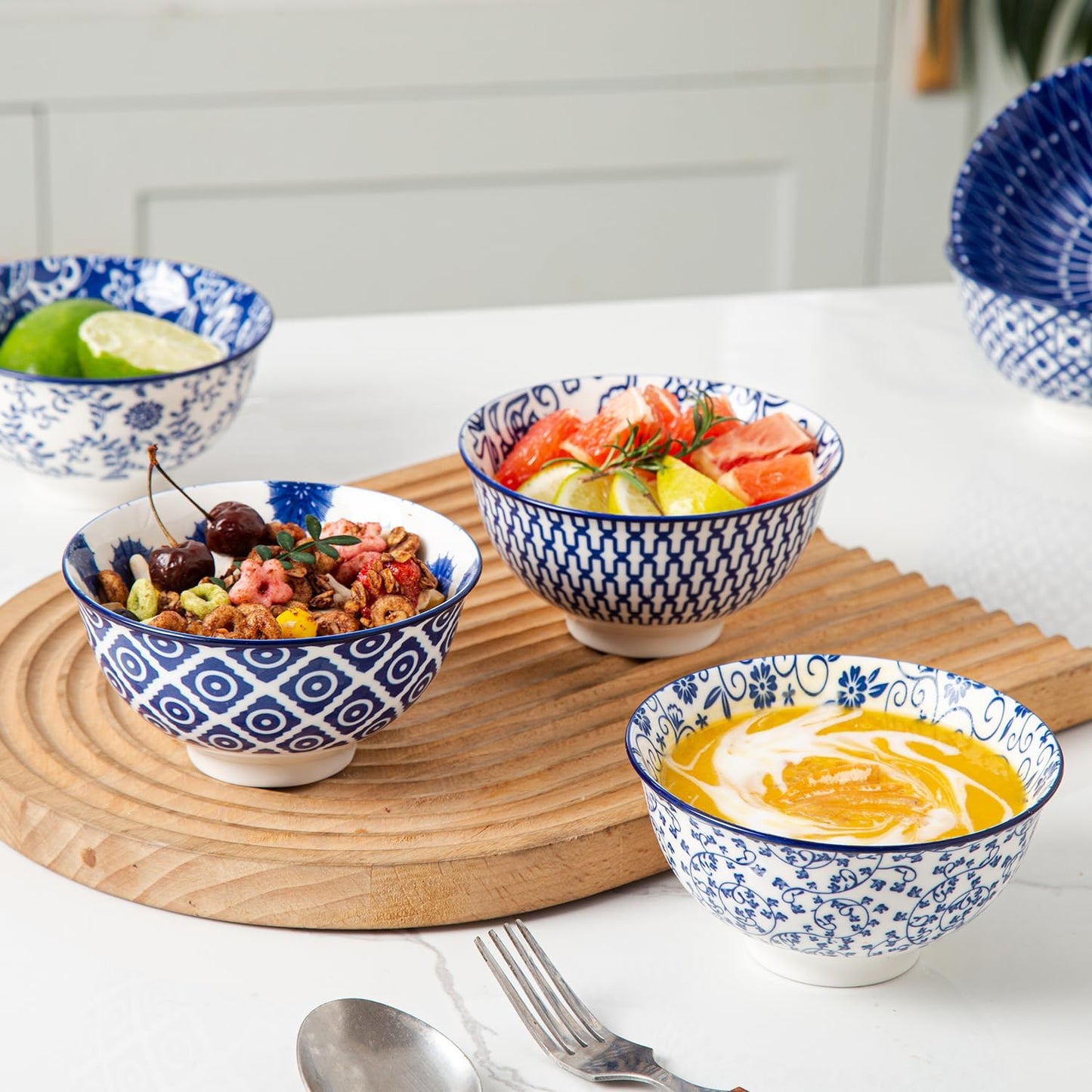 Ceramic Dessert Bowls Set - 12 Oz Small Cereal Bowls 4.75 Inch Ice Cream Bowl for Fruit, Snack, Dipping Sauce, Side Dishes - Microwave Dishwasher Safe - Set of 6 - Vintage Blue
