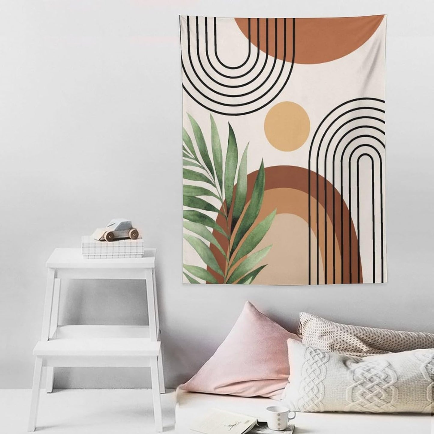 Abstract Bohemian Mid Century Tapestry, Tropical Leaves Modern Geometric Archway Minimalist Bohemian Botanical Aesthetic Wall Hanging, Sage Green Gold Home Decor Art for Bedroom 50x60 Inch