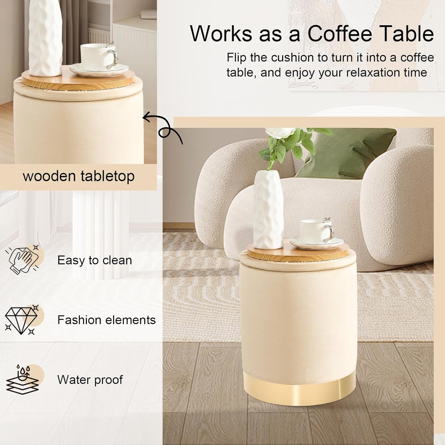 Round Ottoman with Storage Set of 2, Upholstered Velvet Storage Ottomans, Vanity Stool, Multifunctional Ottomans, Coffee Table Foot Rest Ottoman for Living Room Bedroom, Khaki