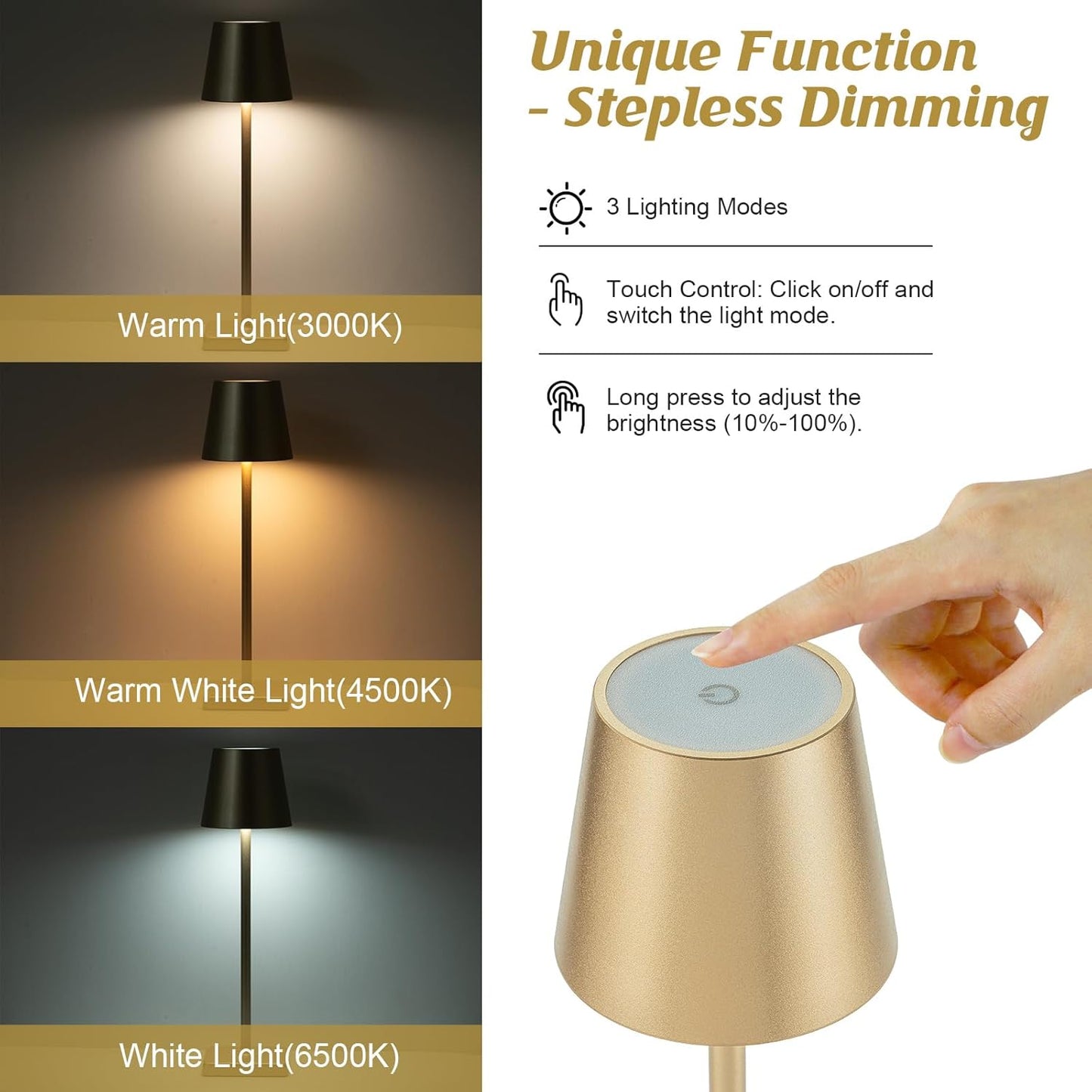HASUN Gold Cordless Table Lamp, Aluminum Shell LED Rechargeable Desk Lamp, 3W 5200mAh Battery Operated Table Light, 3 Color Stepless Dimming Up Waterproof for Living Room/Indoor/Outdoor (Gold)