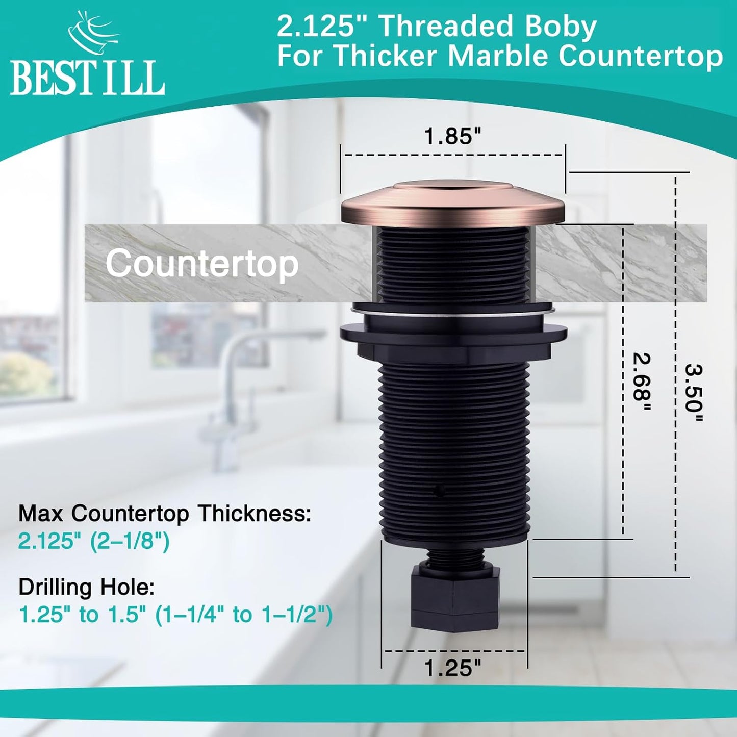 BESTILL Garbage Disposal Air Switch Kit - UL Listed, Cordless Sink Top Switch Button for Waste Disposer, Long Push Button with Brass Cover, Antique Copper, Compatible with all Garbage Disposals