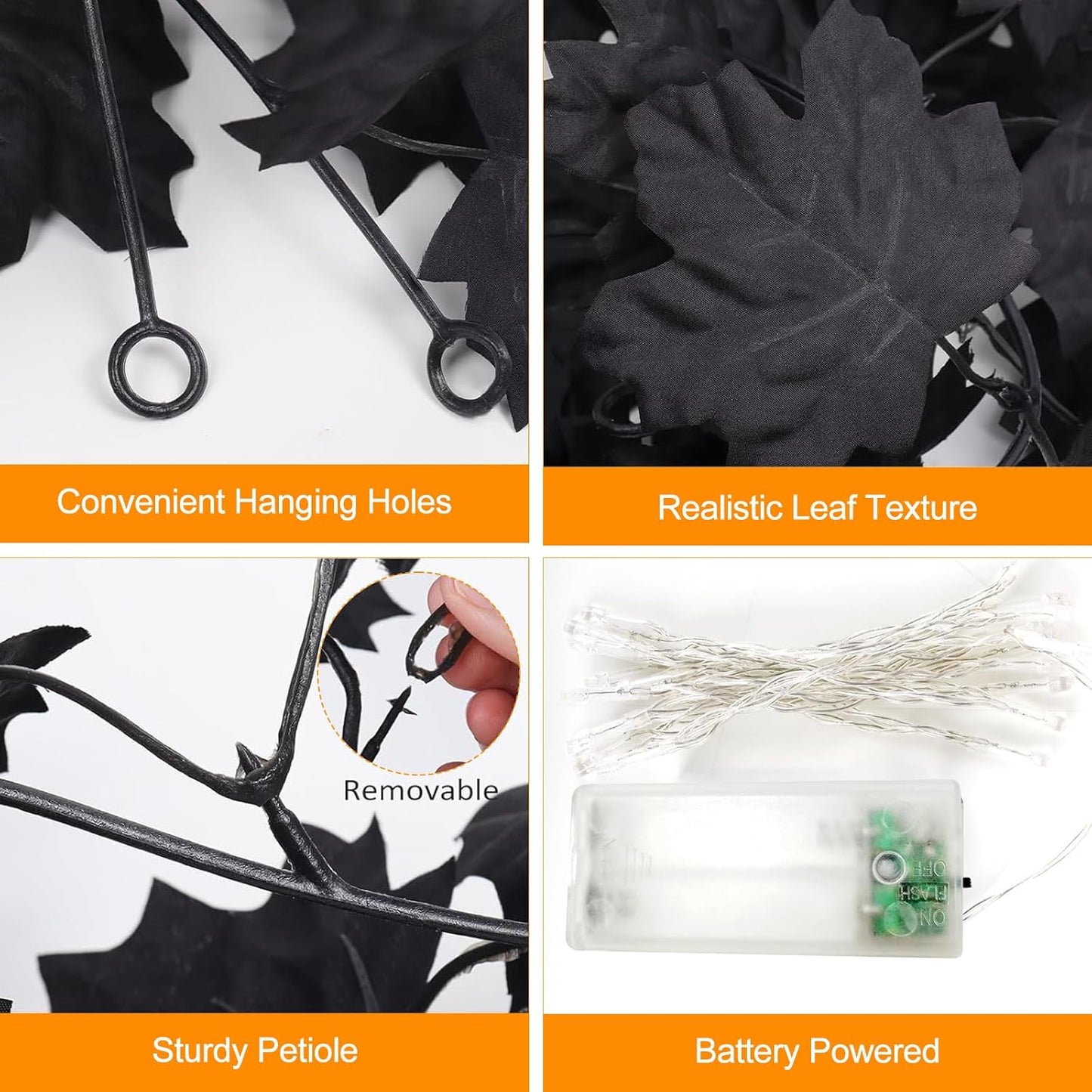 Joyhalo 2 Pack Halloween Garland with Lights, Black Maple Leaves Lighted Garland for Mantle, 5.7FT Light Up Leaf Autumn Vines Outdoor for Door Frame, Fireplace and Thanksgiving Fall Decor