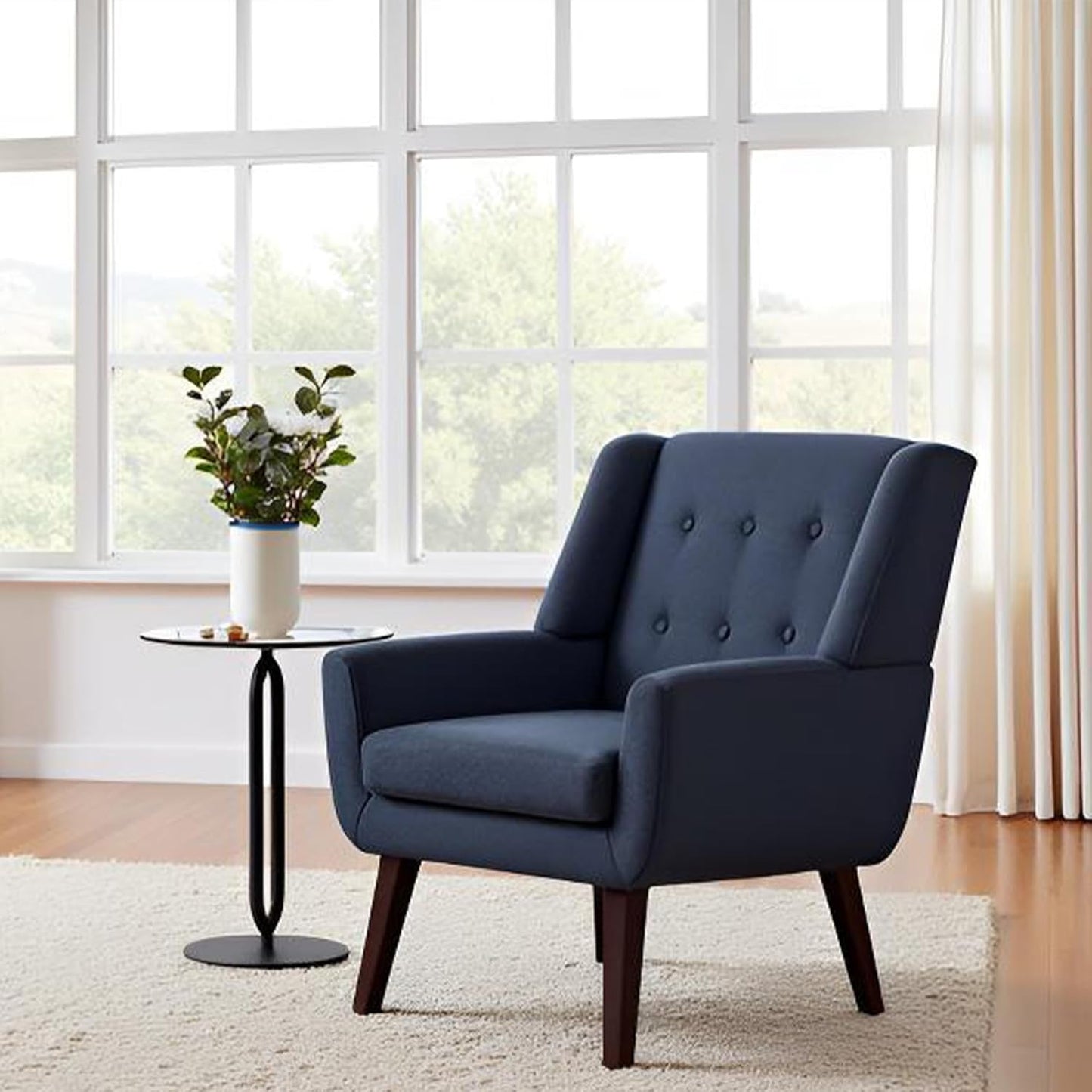 HUIMO Accent Chair Living Room Chair, Upholstered Button Tufted Armchair, Linen Fabric Sofa Chairs for Bedroom, Living Room, Mid Century Modern Comfy Reading Chair (Dark Blue)