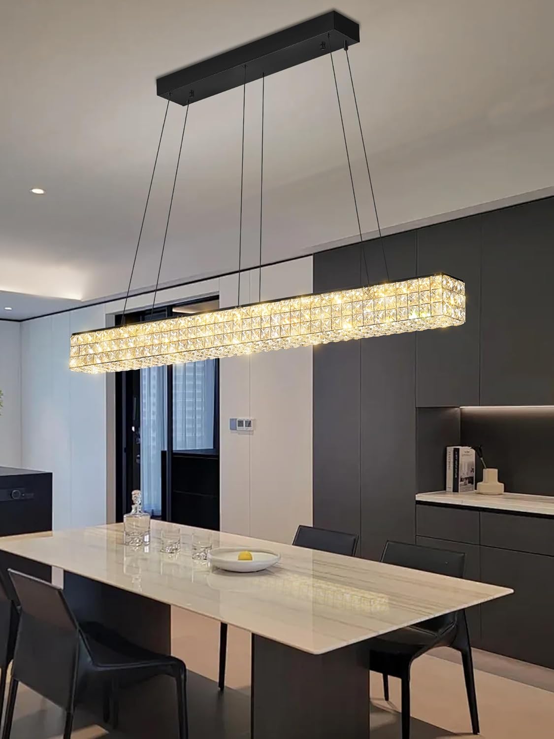 W48 Black Chandeliers for Dining Room, Modern Crystal Pendant Lights Fixture Farmhouse Hanging Dining Light Fixtures for Kitchen Island, Living Room, Bedroom