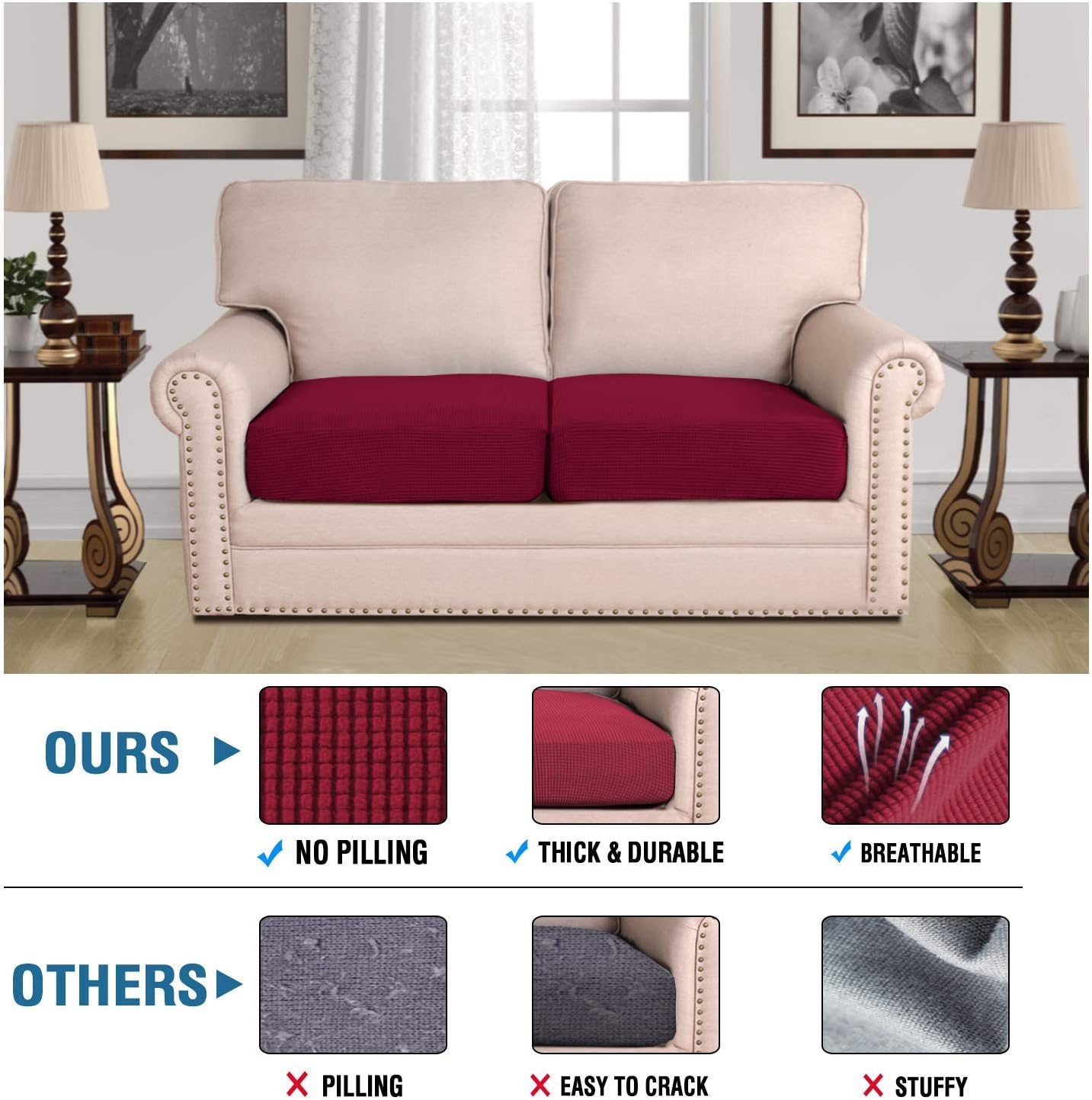 H.VERSAILTEX Super Stretch Individual Seat Cushion Covers Sofa Covers Couch Cushion Covers Slipcover Sets Thick Jacquard Textured Twill Fabric (2 Piece Medium Sofa Cushion Covers, Burgundy Red)