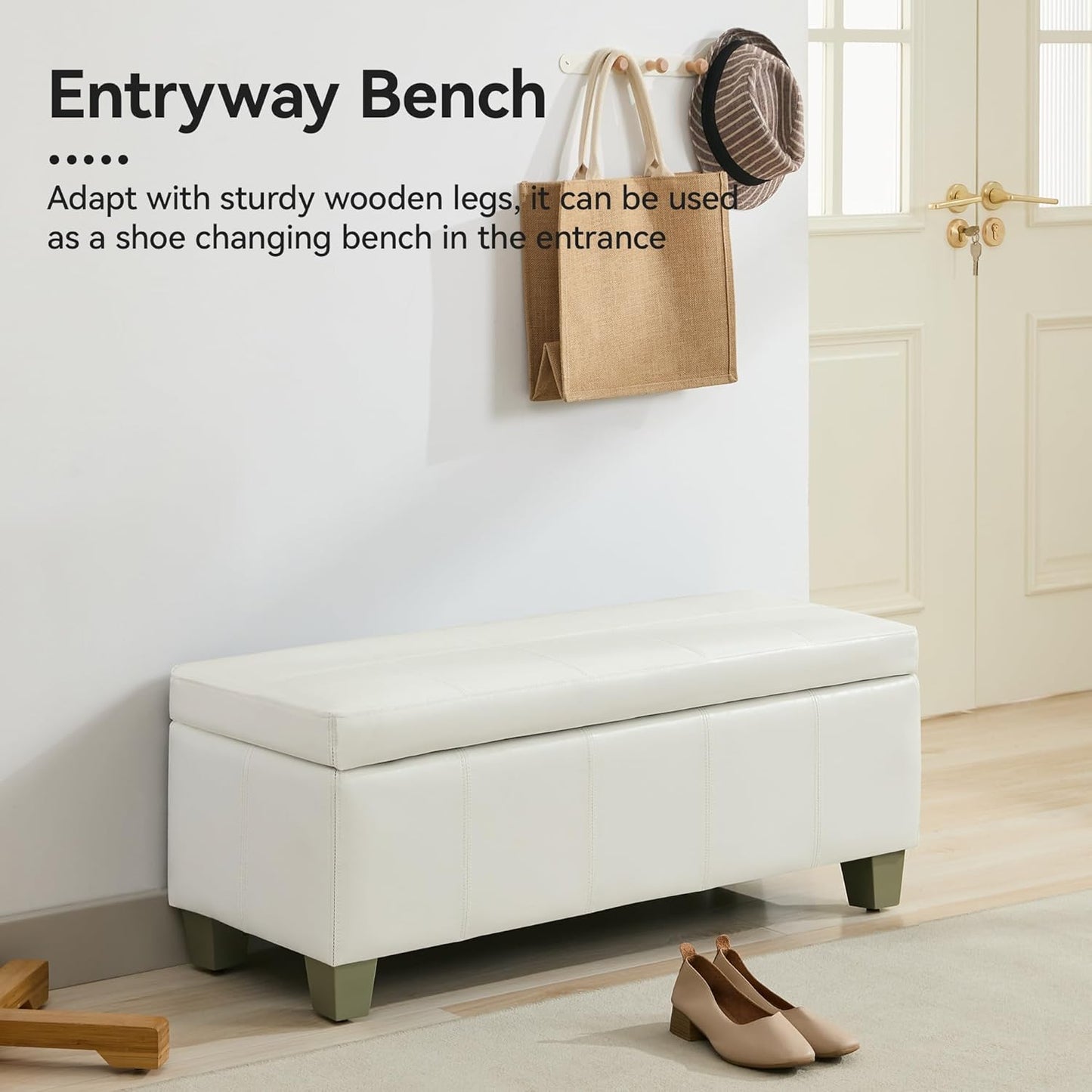 41" Faux Leather Storage Ottoman, Stitch Tufted Rectangle Upholstered End of Bed Storage Bench, Entryway Large Couch Ottoman with Wooden Legs,White