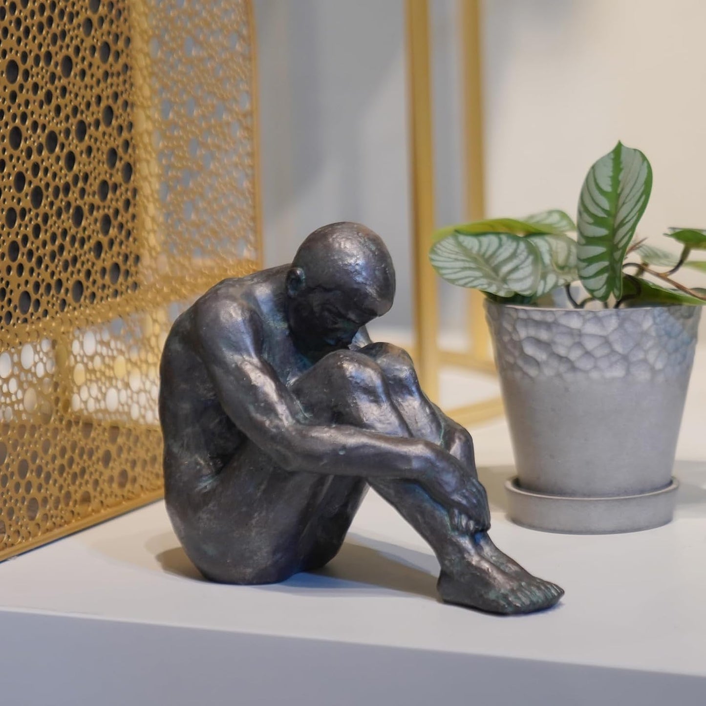 Guichifun Sitting Man Sculptures Home Decor - Resin Bronze Male Holding Arms Legs Lonely Statues Decorative Objects Outdoor Gift for Men 7.5 x 3.7 x 5.8 Inch