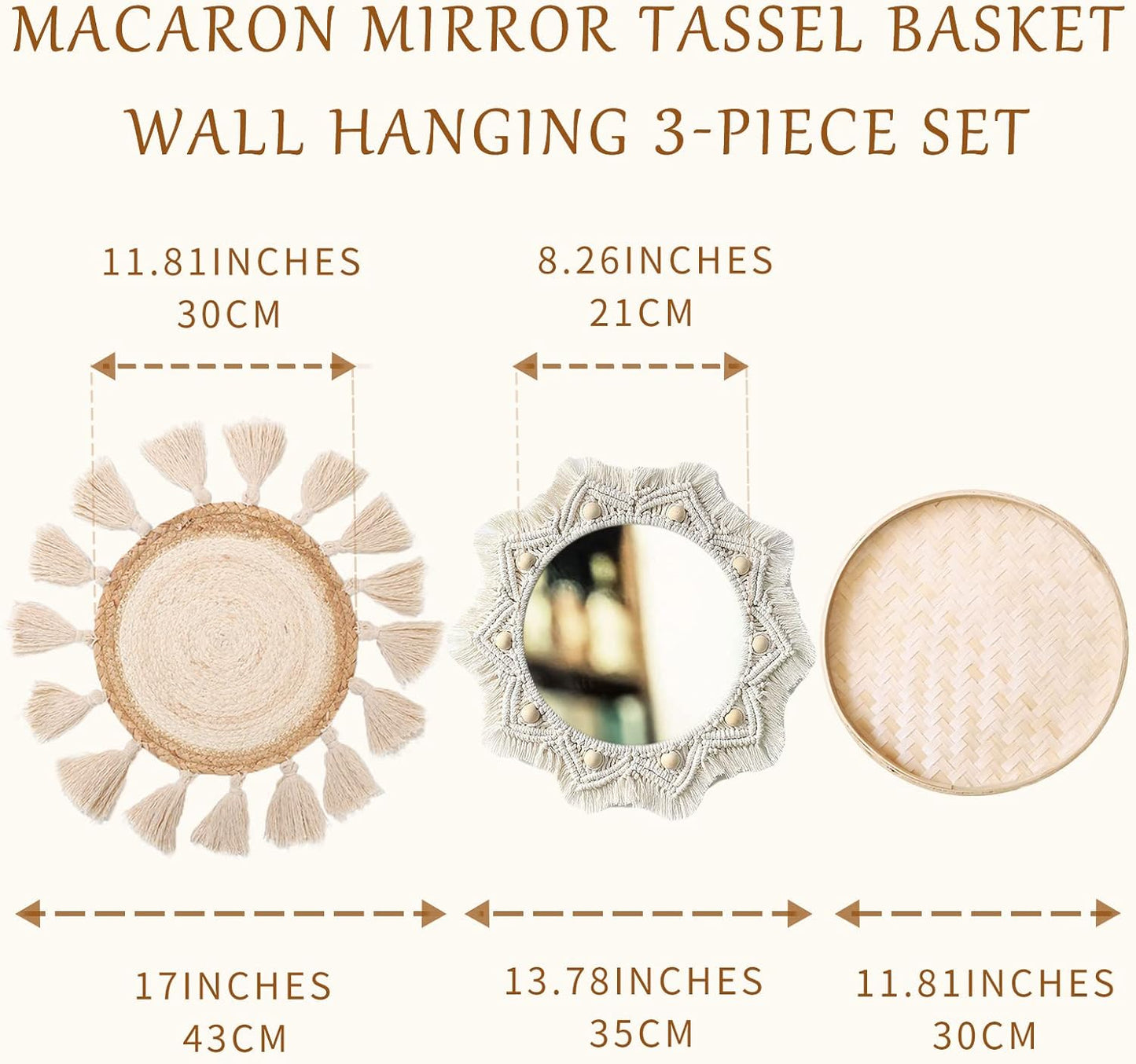 Boho Wall Basket Decor Set - Flat Woven Macrame Tapestry, Mirror White Round Tassels, Handmade Rattan Wicker Seagrass Wall Basket