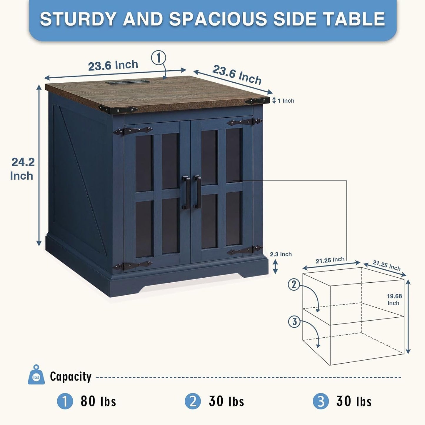 Farmhouse End Table with Charging Station,24" Large Sofa Side Table with Glass Barn Door, Rustic Wood Nightstand Bedside Table with Adjustable Storage Shelf for Living Room, Bedroom, Blue