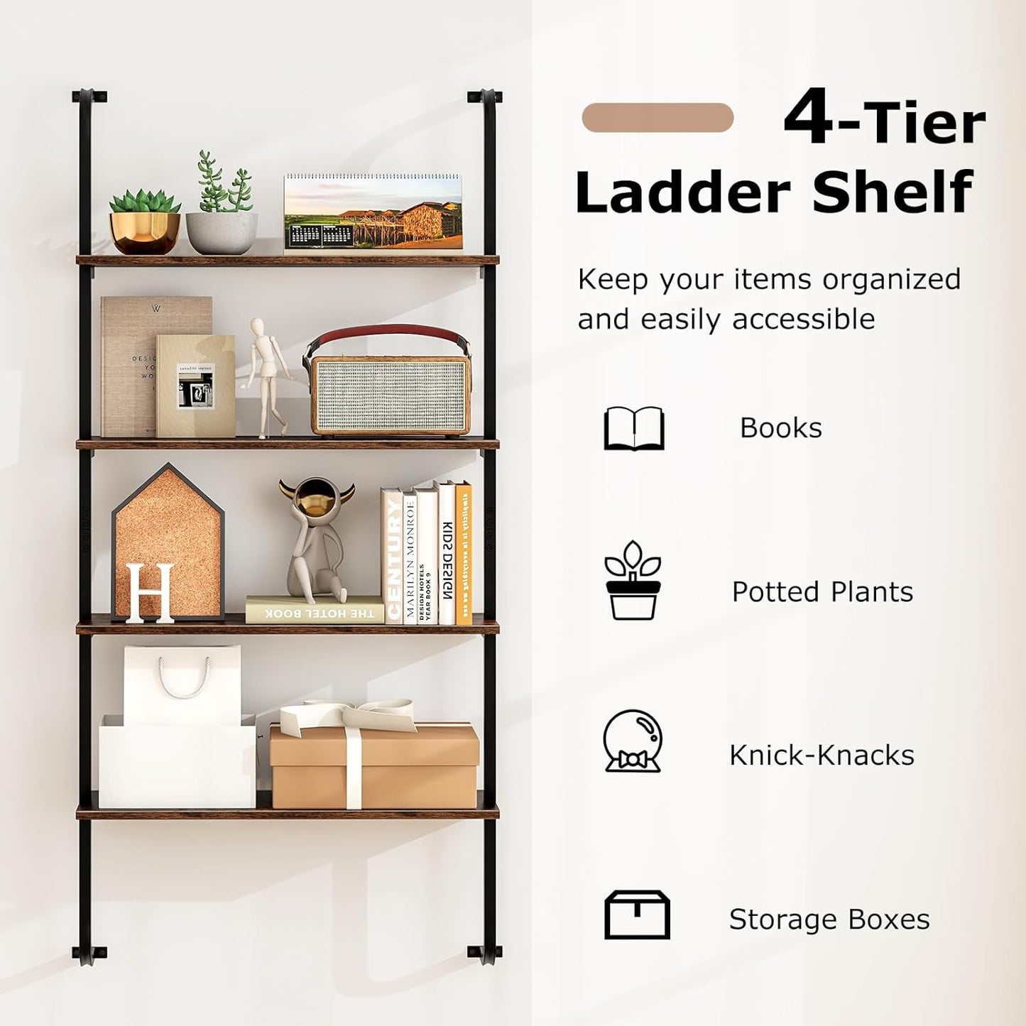 Giantex 4-Tier Industrial Bookshelf Set of 2, Wall Mounted Pipe Shelving Unit, Floating Shelves with Metal Frame, Hanging Wall Display Shelf, Wood Ladder Bookshelf for Living Room,Kitchen,Rustic Brown
