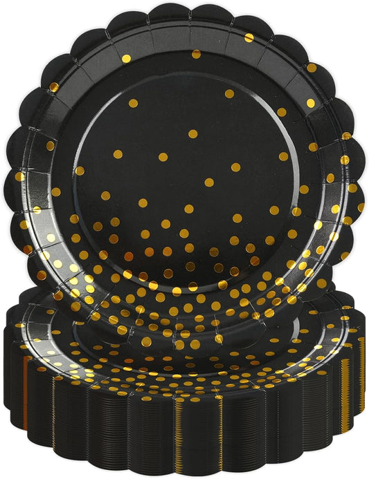 50PCS Black and Gold Paper Plates, 7 Inch Black Scalloped Party Plates Disposable Dessert Plate Cake Plate for Graduation Retirement Aniversary Birthday Dinner